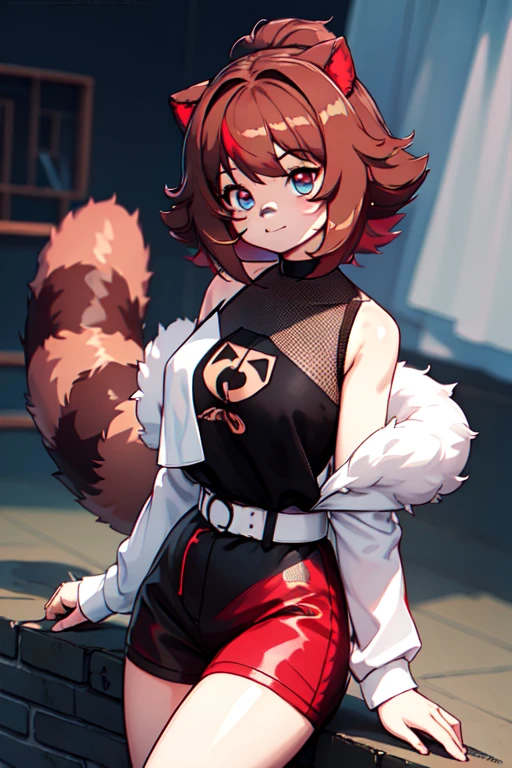 Masterpiece, intricate, anime style, full big fat body, 1girl, rakkun(big fat body),, tanuki ears, red inner ears, red inner ear hair, 1tail, fluffy tail, racoon tail, brown and light brown ringed tail, beautiful eyes, detailed eyes, red and blue eyes blurred, short hair, red inner hair, brown hair, a strand of hair on the left side, red hair strips, short black shirt uncovered on the shoulders and with a black mesh with black borders up to the collar, polo shirt, short black skitr whit dark red checkered, black belt around the waist, looking at viewer(clothes that fit your big, fat body size).(Perfect anatomy of an obese female body),