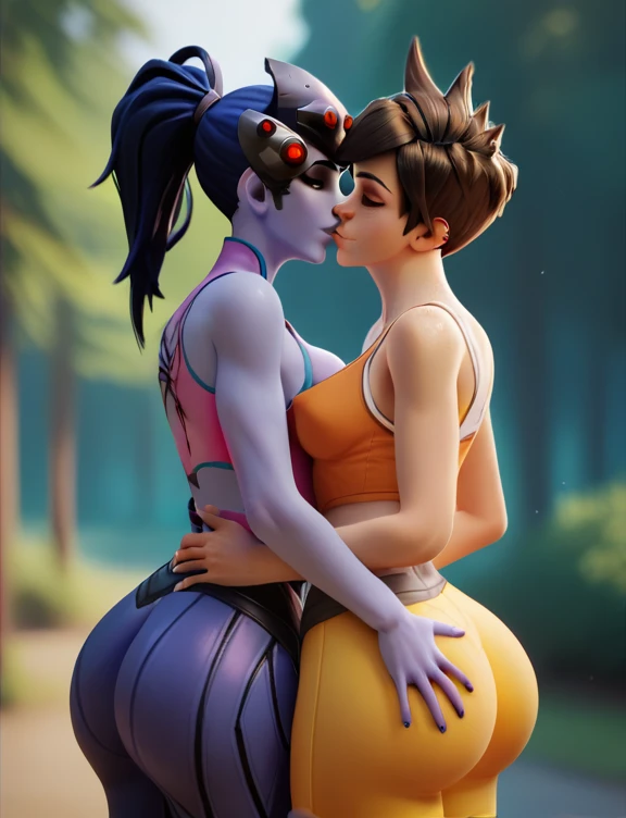 1 girl, alone, tracer, smile,    looking at the spectator , depth of field, exteriors, forest, tank,brown eyes, short hair, spiked hair, big butt, torn clothes, Big breasts, pose sexy, kissing Widowmaker 