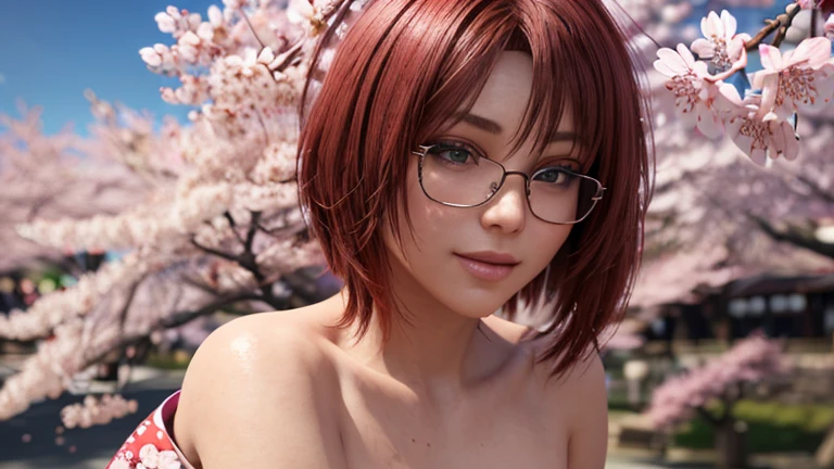 A beautiful girl, holding her breasts with both hands, covering her breasts with the palm of her hand, holds the breasts, beautiful breasts, wonderful breasts, hands under the chest, hands press breasts, bangs, (orange hair: 2.6 ), (bob cut: 1.5), glasses