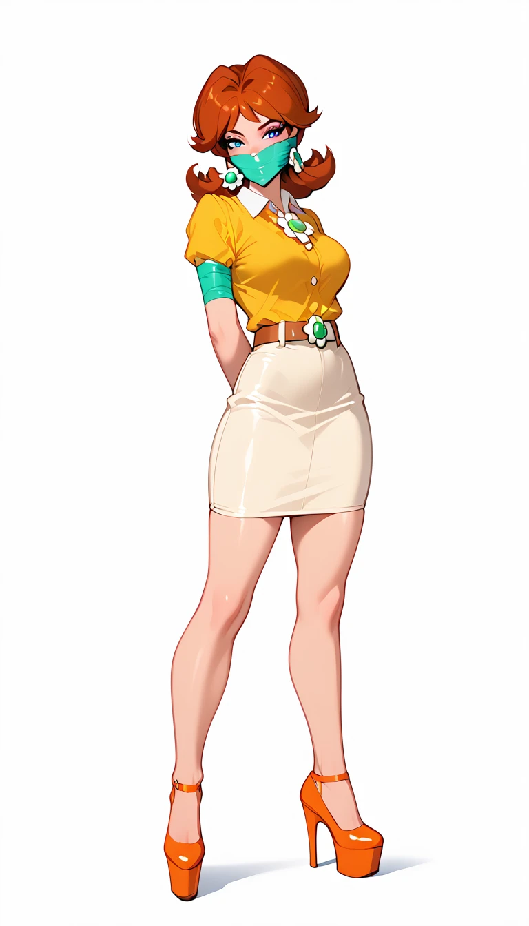 score_9, score_8_up, score_7_up, 1girl (Daisy, wearing tight pencil skirt, belt, blouse, spectacles, platform heels:1.2), flirt, gaze, sexy look, half-closed eyes, head tilt, filled lips, thick lips, makeup, side view, (full bodies in view) expressiveh d4rk01l, perfect hands, perfect proportions, simple background. tape shibari, bound arms, arms behind back, legs apart, wrap tape gag, wrap over the nose gag. front view