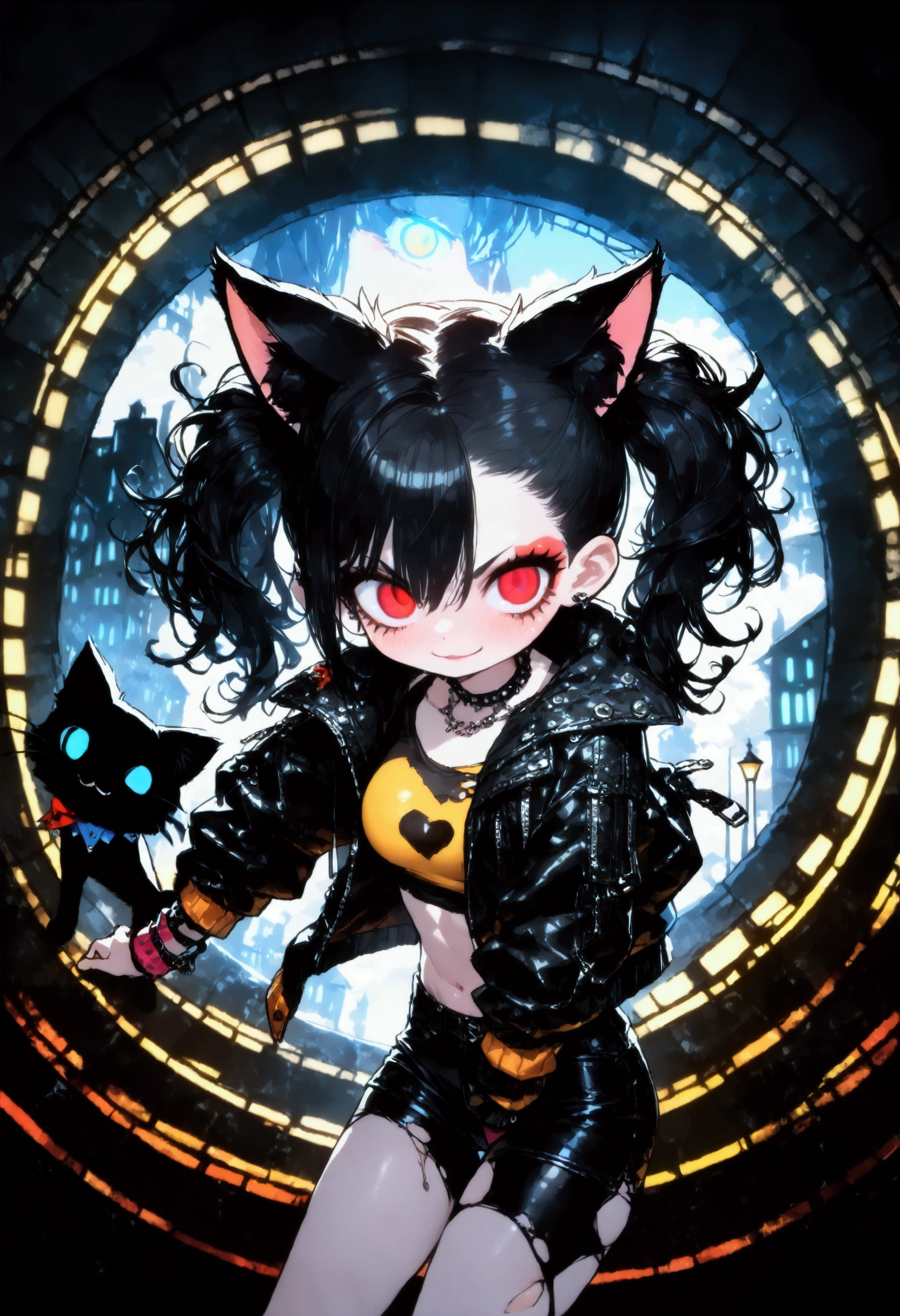 solo,1girl\(cute, kawaii, ,(evil smile:1.2),(black hair:1),(long hair),(twin tails hair),pale skin, skin color blue, red eyes, eyes shining, (big eyes),(breast:1.4),(punk fashion:1.6),(ripped clothes:1.5),(tight tube top),(tight hot pants),(stomach shown:0.8),(abs:0.8),(ripped black short jacket:1.4),(fluffy black cat-ear:1.4),(dynamic pose:1.4), (spiral eye:1.4)\)),(bang:1.2)\), BREAK ,background\(outside, noisy city, backstreet, narrow street, neon lights, at night\), BREAK ,quality\(8k,wallpaper of extremely detailed CG unit, high resolution, top-quality, top-quality real texture skin, hyper realistic, increase the resolution, RAW photos, best quality, highly detailed, the wallpaper,golden ratio,high saturation realism, vibrant colors, dramatic lighting, persuasive storytelling, atmospheric scenery, captivating visuals, intricate details, strong emotions,dreamlike world\),(close up:1.0),(dynamic angle:1.2)