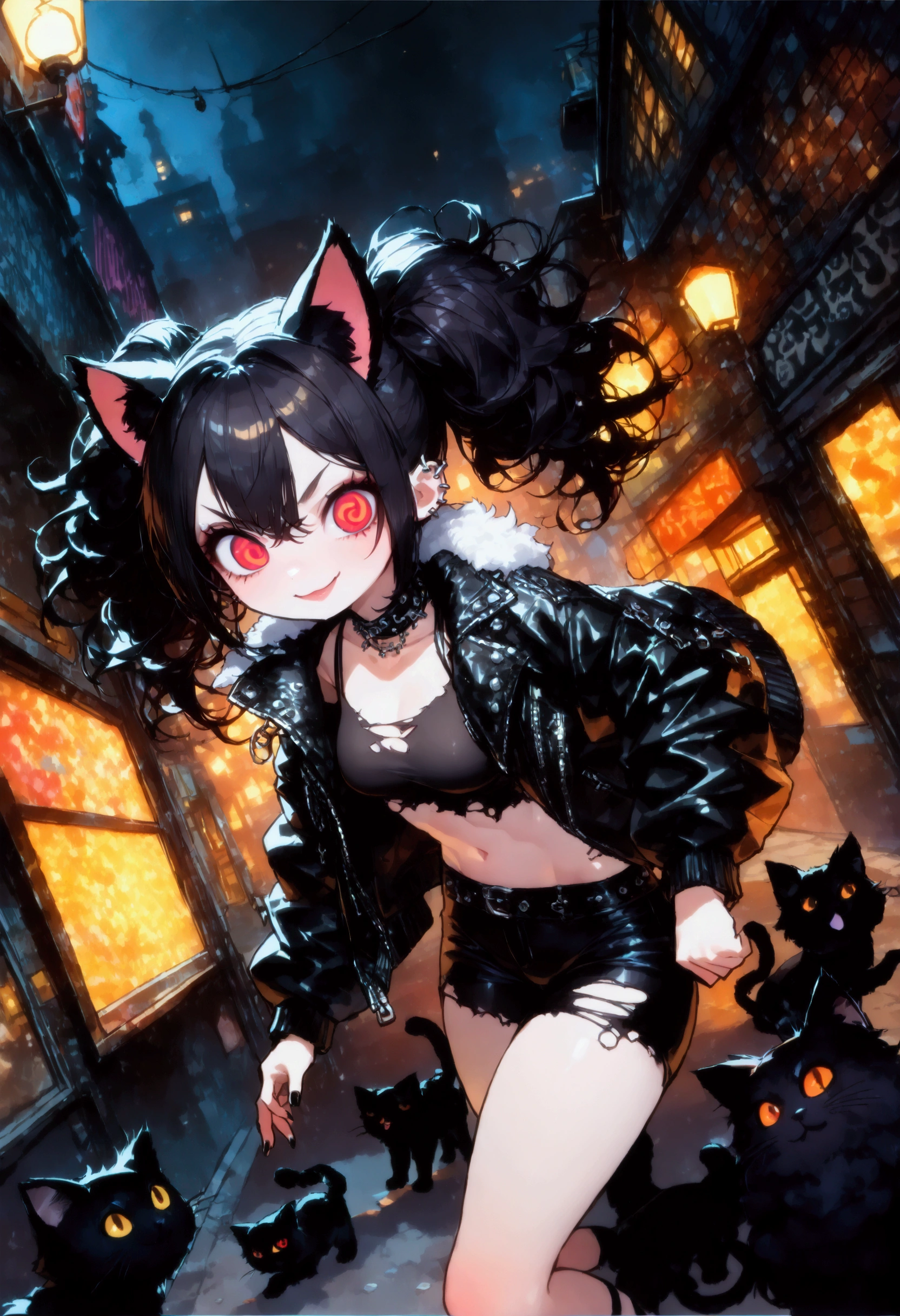 solo,1girl\(cute, kawaii, age of 12,(evil smile:1.2),(black hair:1),(long hair),(twin tails hair),pale skin, skin color blue, red eyes, eyes shining, (big eyes),(breast:1.4),(punk fashion:1.6),(ripped clothes:1.5),(tight tube top),(tight hot pants),(stomach shown:0.8),(abs:0.8),(ripped black short jacket:1.4),(fluffy black cat-ear:1.4),(dynamic pose:1.4), (spiral eye:1.4)\)),(bang:1.2)\), BREAK ,background\(outside, noisy city, backstreet, narrow street, neon lights, at night\), BREAK ,quality\(8k,wallpaper of extremely detailed CG unit, high resolution, top-quality, top-quality real texture skin, hyper realistic, increase the resolution, RAW photos, best quality, highly detailed, the wallpaper,golden ratio,high saturation realism, vibrant colors, dramatic lighting, persuasive storytelling, atmospheric scenery, captivating visuals, intricate details, strong emotions,dreamlike world\),(close up:1.0),(dynamic angle:1.2)