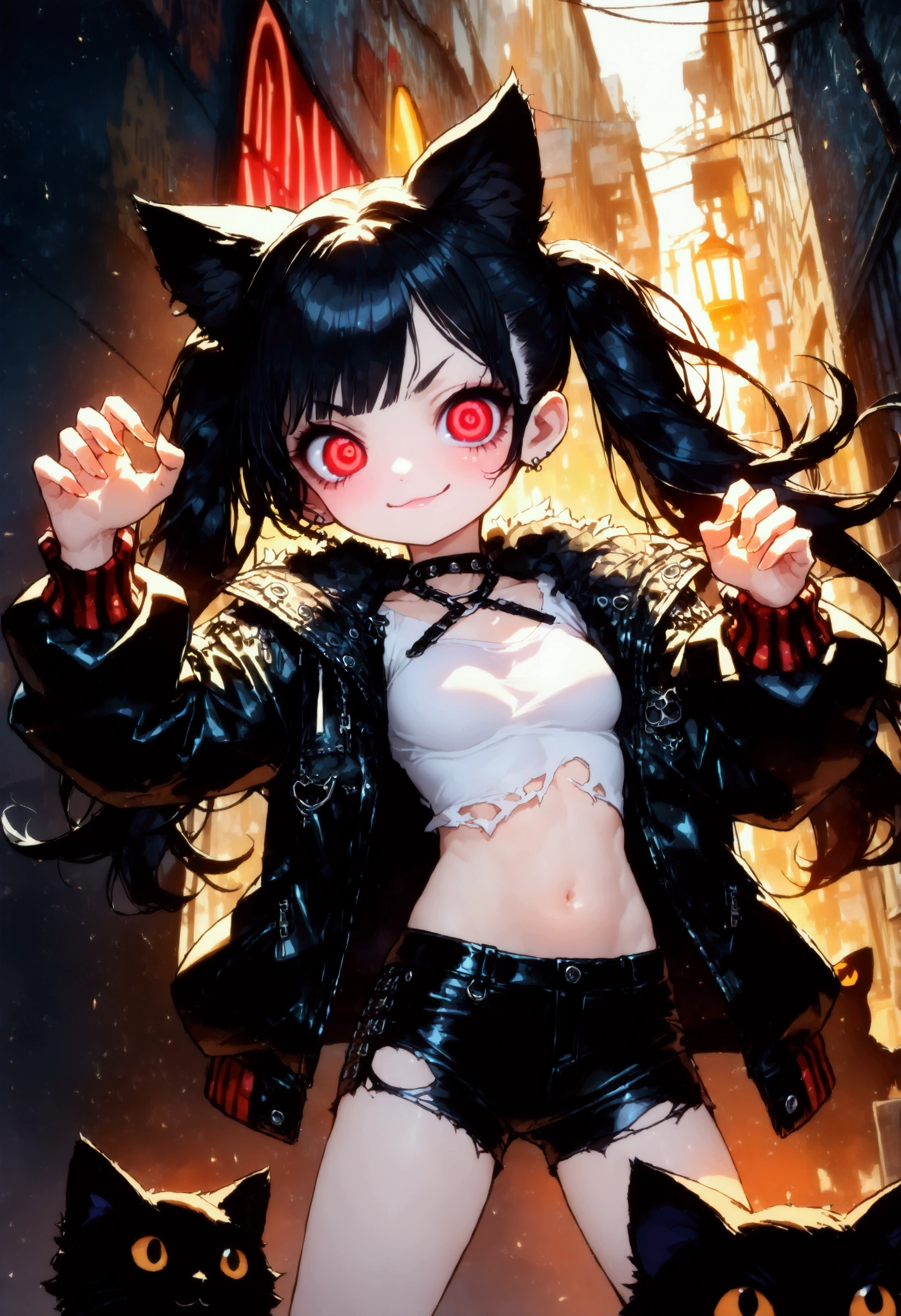 solo,1girl\(cute, kawaii, age of 12,(evil smile:1.2),(black hair:1),(long hair),(twin tails hair),pale skin, skin color blue, red eyes, eyes shining, (big eyes),(breast:1.4),(punk fashion:1.6),(ripped clothes:1.5),(tight tube top),(tight hot pants),(stomach shown:0.8),(abs:0.8),(ripped black short jacket:1.4),(fluffy black cat-ear:1.4),(dynamic pose:1.4), (spiral eye:1.4)\)),(bang:1.2)\), BREAK ,background\(outside, noisy city, backstreet, narrow street, neon lights, at night\), BREAK ,quality\(8k,wallpaper of extremely detailed CG unit, high resolution, top-quality, top-quality real texture skin, hyper realistic, increase the resolution, RAW photos, best quality, highly detailed, the wallpaper,golden ratio,high saturation realism, vibrant colors, dramatic lighting, persuasive storytelling, atmospheric scenery, captivating visuals, intricate details, strong emotions,dreamlike world\),(close up:1.0),(dynamic angle:1.2)