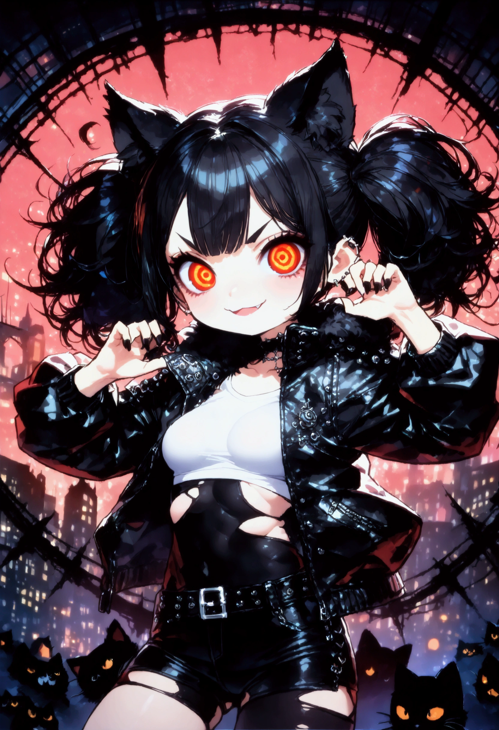 solo,1girl\(cute, kawaii, age of 12,(evil smile:1.2),(black hair:1),(long hair),(twin tails hair),pale skin, skin color blue, red eyes, eyes shining, (big eyes),(breast:1.4),(punk fashion:1.6),(ripped clothes:1.5),(tight tube top),(tight hot pants),(stomach shown:0.8),(abs:0.8),(ripped black short jacket:1.4),(fluffy black cat-ear:1.4),(dynamic pose:1.4), (spiral eye:1.4)\)),(bang:1.2)\), BREAK ,background\(outside, noisy city, backstreet, narrow street, neon lights, at night\), BREAK ,quality\(8k,wallpaper of extremely detailed CG unit, high resolution, top-quality, top-quality real texture skin, hyper realistic, increase the resolution, RAW photos, best quality, highly detailed, the wallpaper,golden ratio,high saturation realism, vibrant colors, dramatic lighting, persuasive storytelling, atmospheric scenery, captivating visuals, intricate details, strong emotions,dreamlike world\),(close up:1.0),(dynamic angle:1.2)