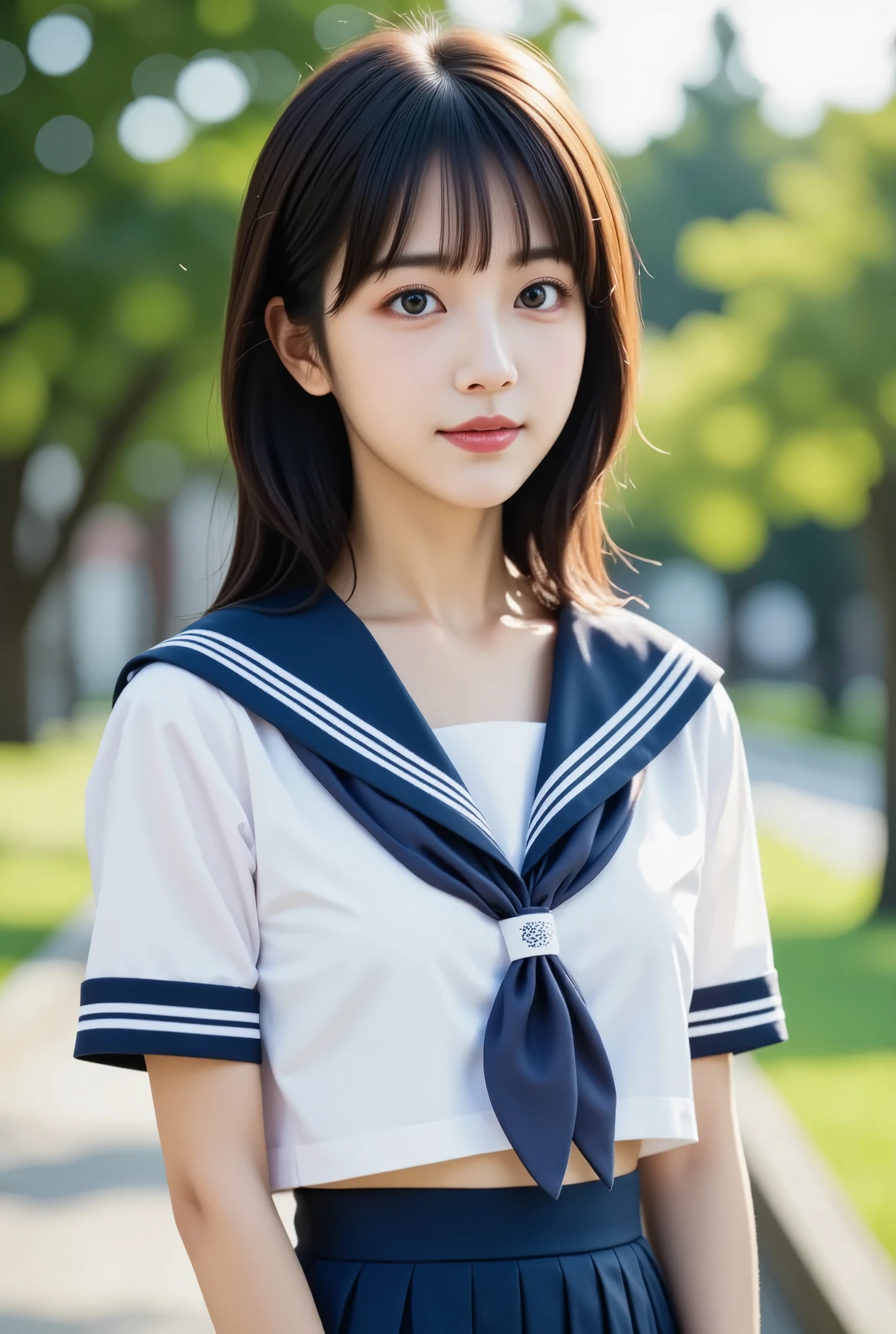 (masterpiece, best quality:1.2), 1girl, Alone, cute, ( super cute idol-like face :1.2)、 Beautiful Japanese High School Girls、Baby Face, sexy, Large eyes with double eyelids, (Sailor school uniform,  navy blue pleated skirt:1.2), smile, Highly detailed faceと肌の質感、Sophistication、Highly detailed face、beautiful girl、Black Hair, Medium Hair、With bangs、 cute girl 、最高級のbeautiful girl、Shining Eyes、 smile, , Model Diagram, (No Lips , No makeup:1.2), (In a natural park )