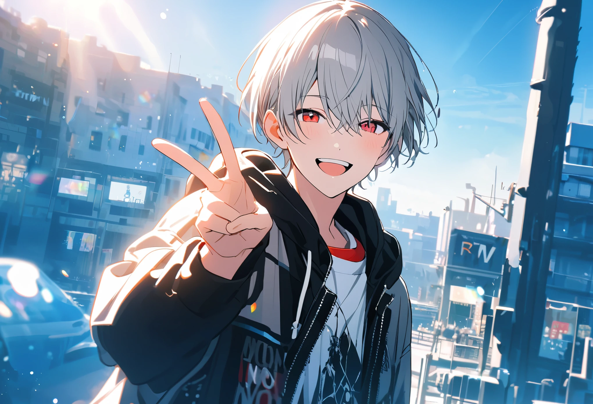 good looking, Alone, 1 male, Gray Hair, Red eyes, shirt,  black and white hooded, noon, White Light,cute目,Short hairstyle,cute, sparkling scenery ,bright,Blue Sky,Looking at the camera,Making a peace sign,smile,Laughing,The background is art , The background is stylish 