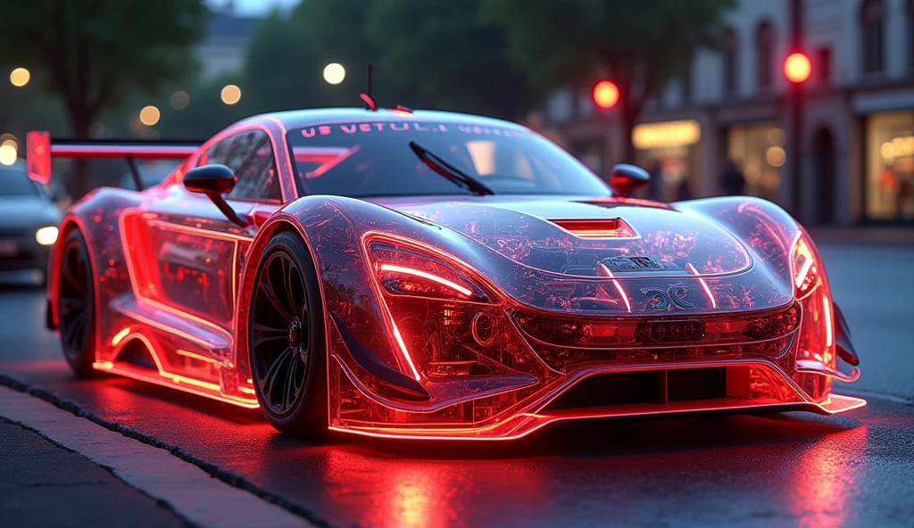 "spectacular digital rendering of a (transparent:1.5) DTM concept hyper car, revealing internal mechanical components such as engine, car chassis, suspension, and internal wiring, detailed textures, detailed machinery, accurate lighting and shadows, 8k quality, intricate patterns, high-definition, glossy Red neon finish, vivid reflections, perfect lighting, busy street at night, BREAK"