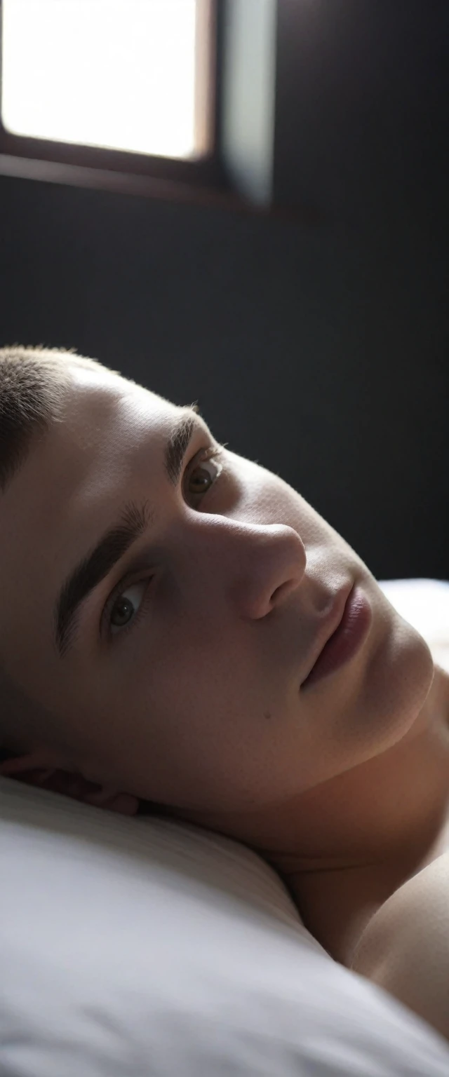 Morning casual nude photo, lying in bed of a asleep handsome white pale skin, 20 years old man, huge penis, buzz-cut haircut, an oval face, and thick eyebrows, light brown eyes and a calm expression, looking to the window enjoying the sunlight, depth field and dynamic angle create a sense of intimacy atmosphere. big penis, high-detailed,4k, relaxed, candid , striking lighting, RAW photo, ray tracing, detailed photo, gorgeous, shallow depth of field, bokeh, volumetric lighting, hyper detailed photorealistic life-like accurate proportional photorealistic detail