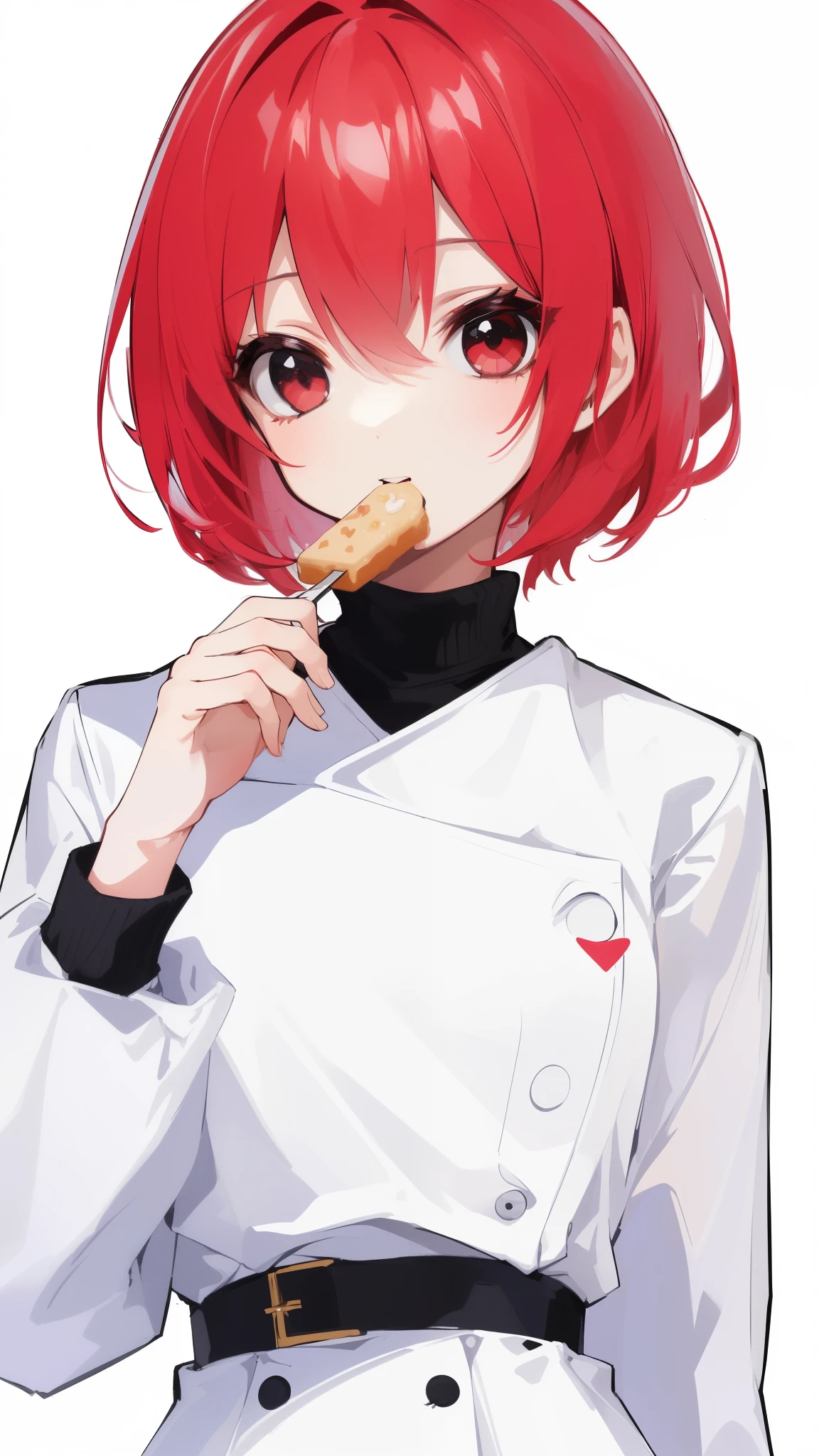 best quality, masterpiece, kyrielight mash, solo, 1girl, black eyes, white turtleneck shirt, (chibi: 0.6), light red hair, sticker, emoji, cute, white background, ((making food))