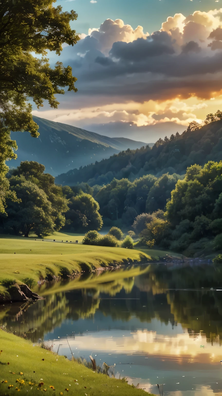 a serene landscape with rolling hills, a tranquil lake reflecting the sky, lush green forests, a picturesque village nestled in the distance, wispy clouds drifting overhead, warm golden sunlight filtering through the trees, detailed clouds, detailed foliage, (best quality,4k,8k,highres,masterpiece:1.2),ultra-detailed,(realistic,photorealistic,photo-realistic:1.37),landscape,cinematic lighting,vibrant colors,dramatic sky