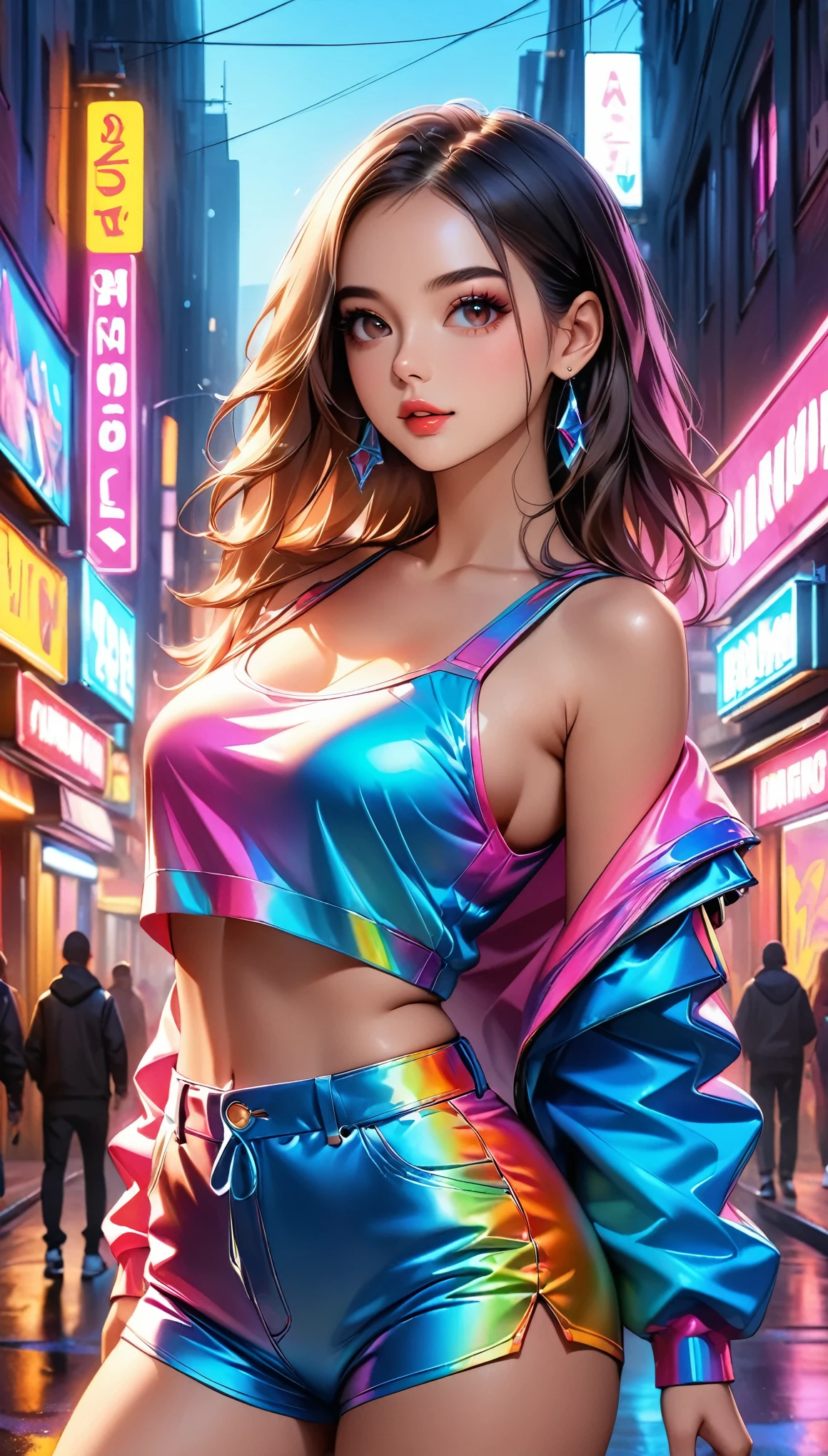 a colorful hip hop girl rapper in vibrant outfit, beautiful detailed eyes, beautiful detailed lips, extremely detailed eyes and face, long eyelashes, dynamic pose, street fashion, urban setting, (best quality,4k,8k,highres,masterpiece:1.2),ultra-detailed,(realistic,photorealistic,photo-realistic:1.37),dynamic lighting,vivid colors,neon lights,gritty,graffiti