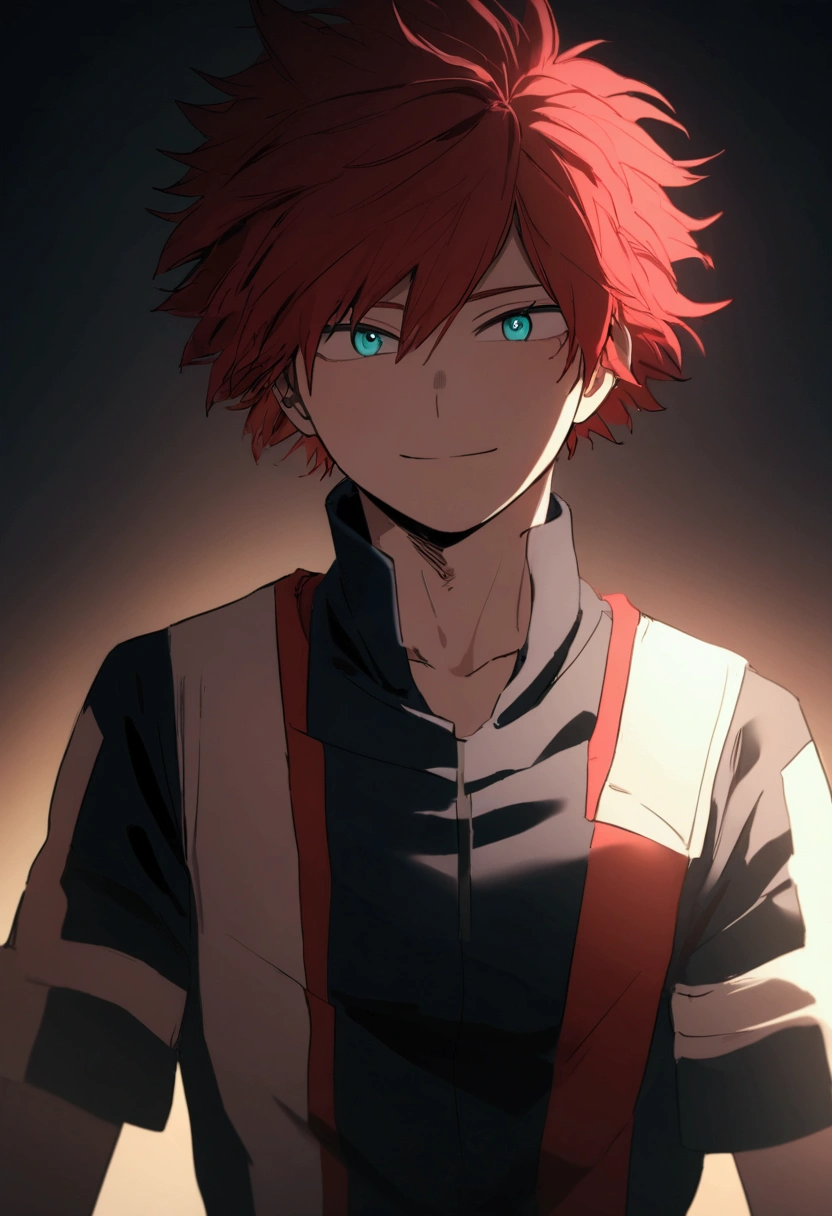  He is a 21 year old adult , has red hair, slightly disheveled...., turquoise eyes something ,  He is dressed in the anime uniform "my hero academia", happy face, 8K, High quality,  masterpiece, normal lighting, anime effect MHA , bright colors