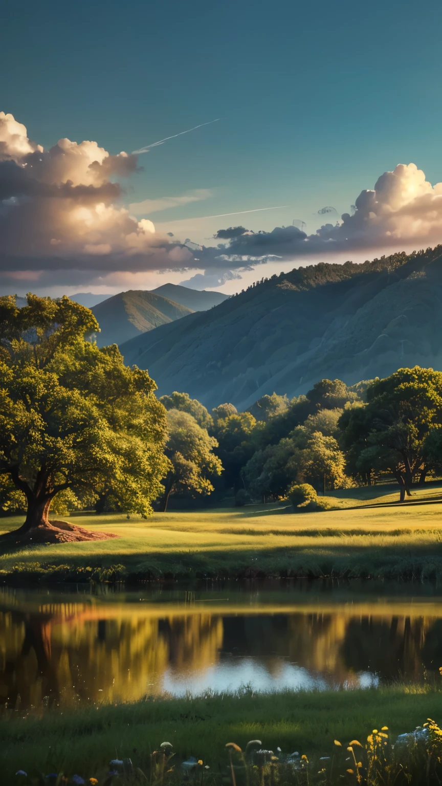 a serene landscape with rolling hills, a tranquil lake reflecting the sky, lush green forests, a picturesque village nestled in the distance, wispy clouds drifting overhead, warm golden sunlight filtering through the trees, detailed clouds, detailed foliage, (best quality,4k,8k,highres,masterpiece:1.2),ultra-detailed,(realistic,photorealistic,photo-realistic:1.37),landscape,cinematic lighting,vibrant colors,dramatic sky