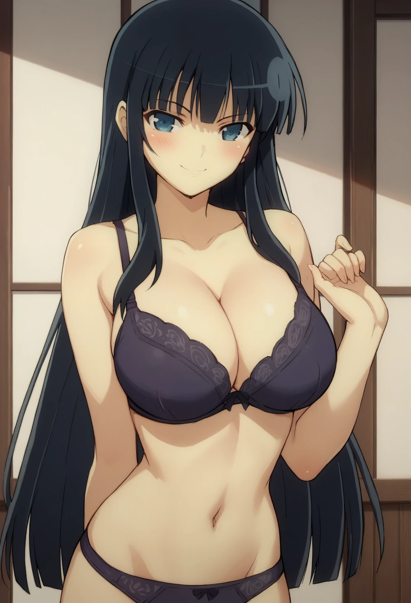 masterpiece, The best quality, Ikaruga (Senran Kagura), black hair, blue eyes, blush, bra, breasts, cleavage, large breasts, long hair, looking at viewer, navel, panties, smile, underwear
