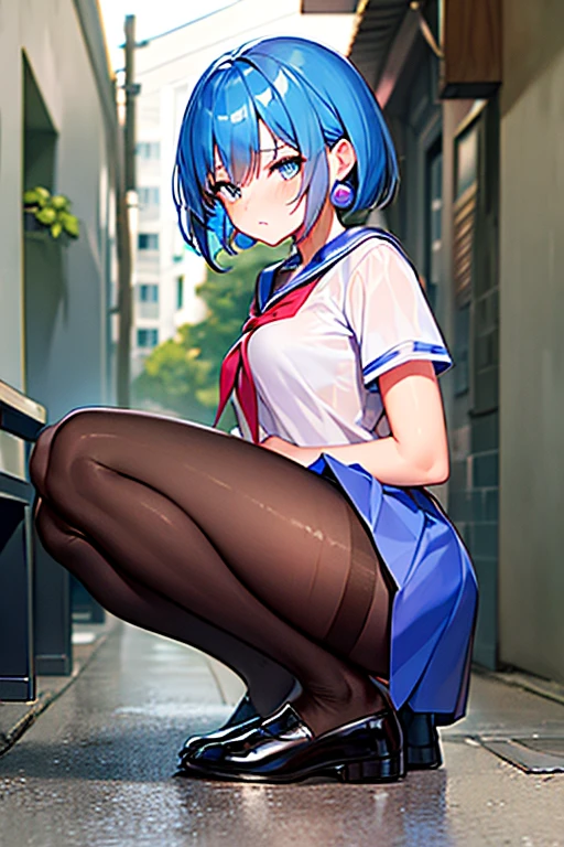 (masterpiece, Best Quality:1.2),( pantyhose:1.1) (wet transparent clothes :1.1)One Girl,Alone, toshinden_Ellis, whole body,School Uniform, 黒い pantyhose,blue mini skirt, wet transparent clothes ,Red neckerchief,shoes, Green Hair,  split bangs , short hair, blue eyes,Close your eyes and cry,blush,Nipples are visible,Rainy Back Alley