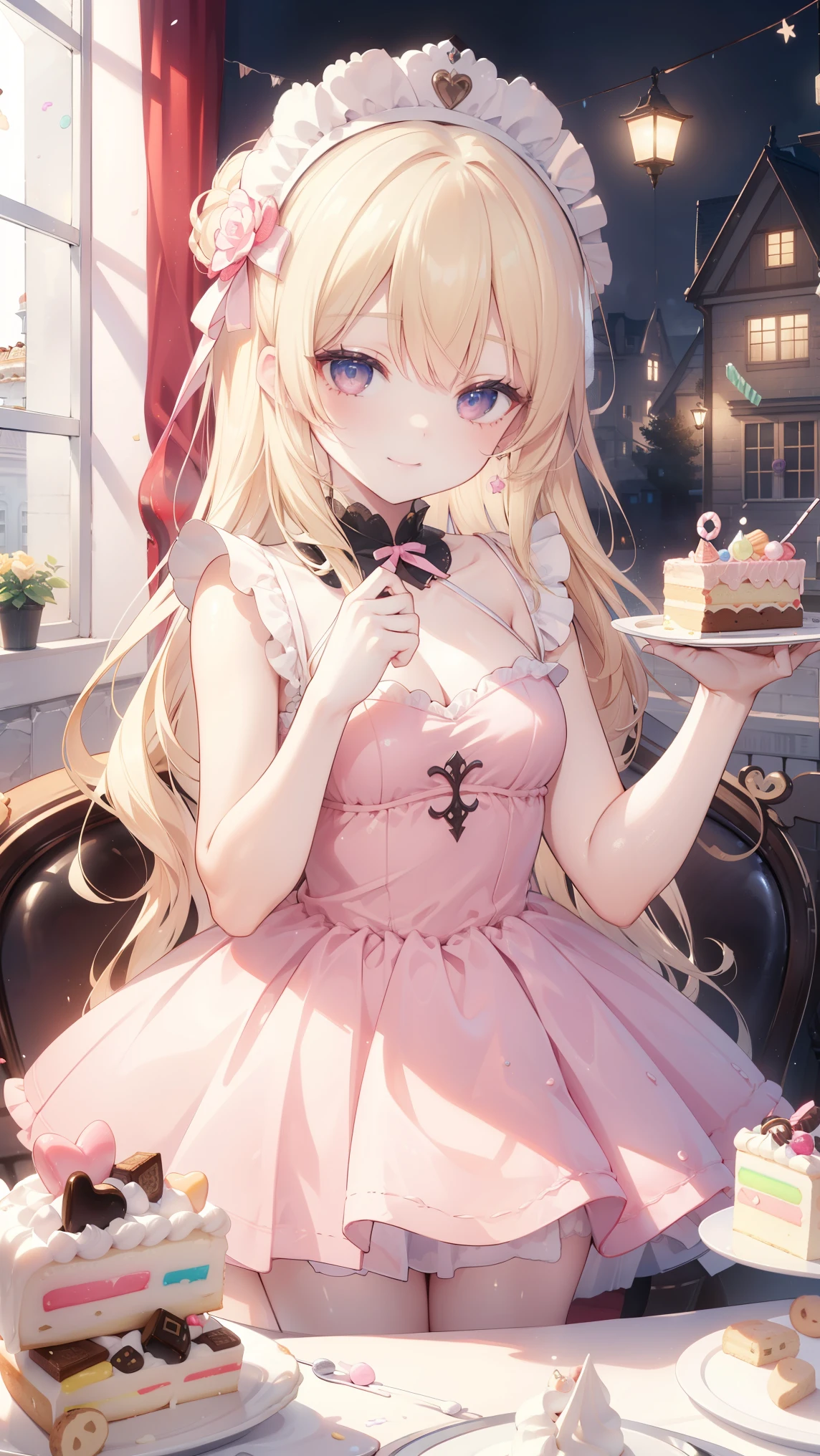 (highest quality), (masterpiece), 1080P, HD, 4K, 8k, Candy Castle, Candy Dress, cake, cake castle, sweets, Pudding, Cookie, biscuit, long hair, blonde hair, whole body, Pink Room, ((Candy House)), smile, 