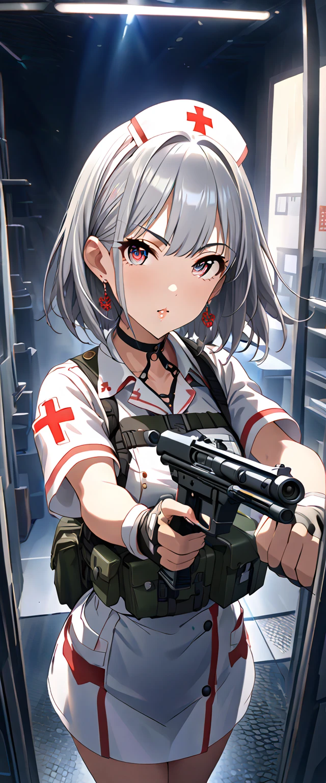 (Perfect Anatomy)、Mastepiece、 Ultra High Quality、 8k、masterpiece、Best Quality、Ultra-high resolution、Maximum resolution、Very detailed、Professional Lighting、anime、woman、thin、Very beautiful face、Very beautiful eyes、(Highly detailed eyes)、Highly detailed face, ，Nurse uniform, nurse, I have a submachine gun、Red Eye、Silver Hair、Short Hair、Earrings、Fingerless gloves、 beautiful eyes、Gloss Lip、Tactical Boots、 equipped with clear orange shooting glasses、Equipped with a chest rig、Carry a first aid kit、Health Corps , ((submachine gun)), (((hold a gun and take aim))), (((aiming at viewer gun)))