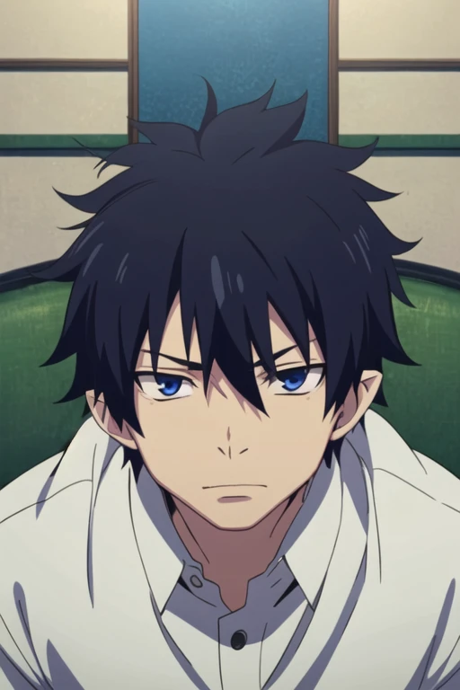 masterpiece, best quality, , 1boy, solo, male focus, looking at viewer, , , rin_okumura, black hair, blue eyes, ,