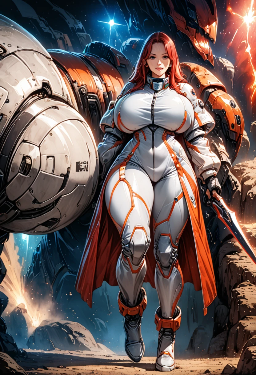 amazone, red hair, long hair, huge breasts, childbearing hips, full body view, heavy space suit, she is carrying a large heavy zweihander with a dark wooden handle that is almost as big as her, two handed sword standing proudly, smilling , highly detailed, highly detailed face, intricate details, cinematic lighting, photorealistic, 8k, hyperrealistic, dramatic shadows, dynamic pose, strong colors, vibrant palette, sci-fi, concept art, digital painting
