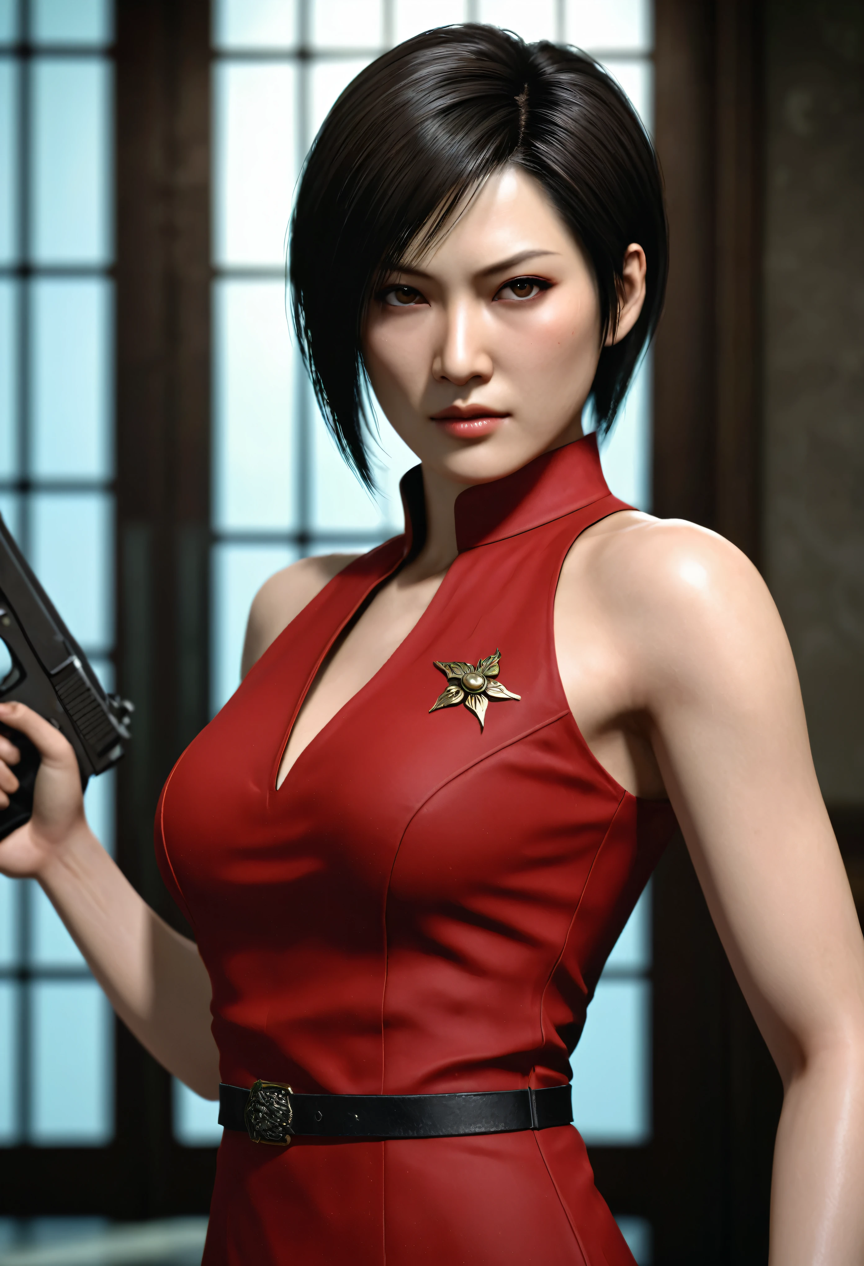 Ultra-realistic extremely detailed real life 8k masterpiece of a gorgeous asian woman re ada wong without wearing clothes with big boobs in a dark alley at night, ada holding gun in hand, extremely detailed facial features, dark scary epic lighting, horror composition