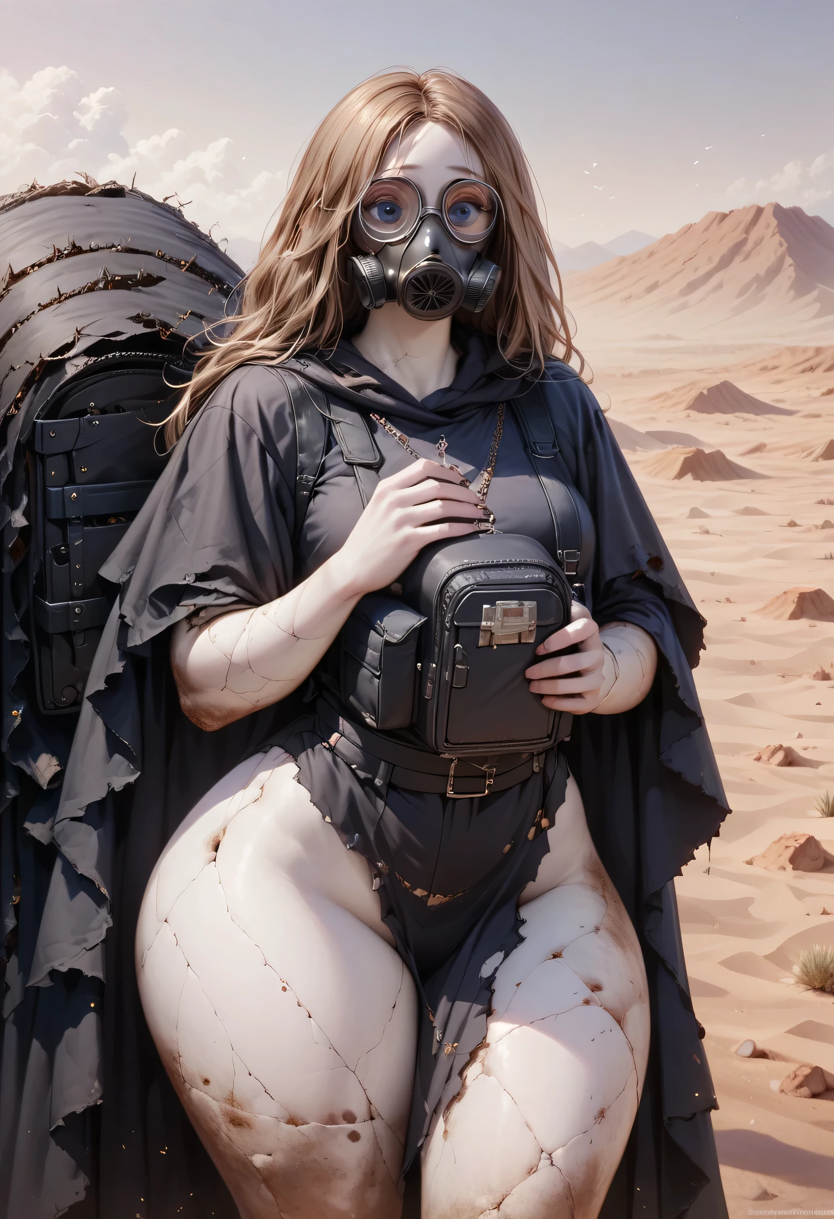 A woman, smooth skin, white skin, big eyes, small torso, huge ass, Wide hips, fleshy legs, thick thighs , (The best quality), masterpiece, horror, ghost, tall, lost look, depressed, (She is wearing an old leather cloak that covers her entire body along with a gas mask that covers her face.), She carries a backpack on her back, (ultra high Bloom), (high-contrast), (High quality Shaders), (shadows), (Ultra shadow quality), (hyperrealism), (She is lost in a desert of ashes), expressionless face, Dirt stains on the body,