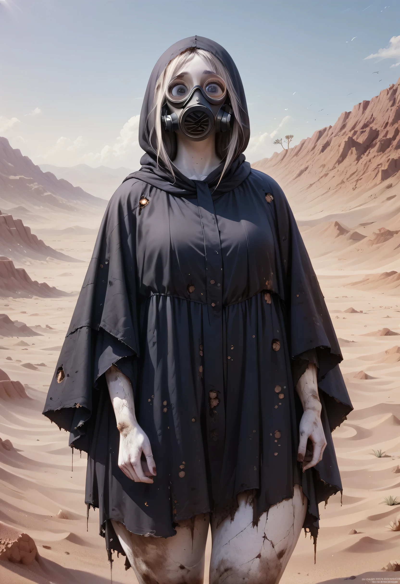 A woman, smooth skin, white skin, big eyes, small torso, huge ass, Wide hips, fleshy legs, thick thighs , (The best quality), masterpiece, horror, ghost, tall, lost look, depressed, (She is wearing an old leather cloak that covers her entire body along with a gas mask that covers her face.), She carries a backpack on her back, (ultra high Bloom), (high-contrast), (High quality Shaders), (shadows), (Ultra shadow quality), (hyperrealism), (She is lost in a desert of ashes), expressionless face, Dirt stains on the body,