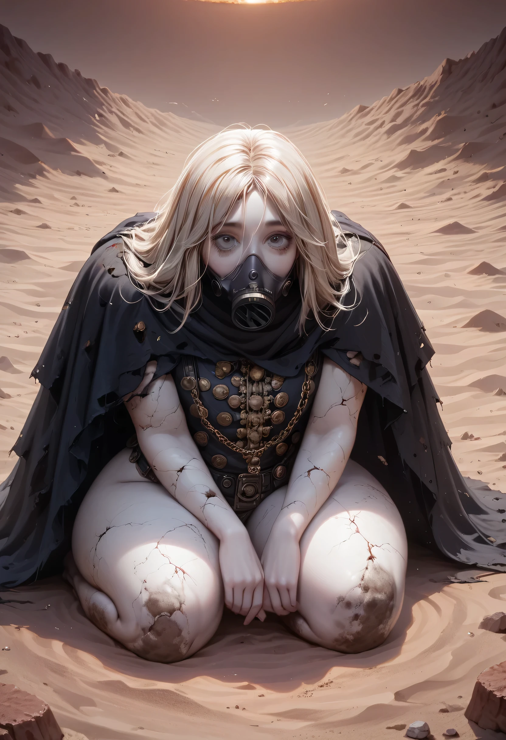 A woman, smooth skin, white skin, big eyes, small torso, huge ass, Wide hips, fleshy legs, thick thighs , (The best quality), masterpiece, horror, ghost, tall, lost look, depressed, (She is wearing an old leather cloak that covers her entire body along with a gas mask that covers her face.), She carries a backpack on her back, (ultra high Bloom), (high-contrast), (High quality Shaders), (shadows), (Ultra shadow quality), (hyperrealism), (She is lost in a desert of ashes), expressionless face, Dirt stains on the body,