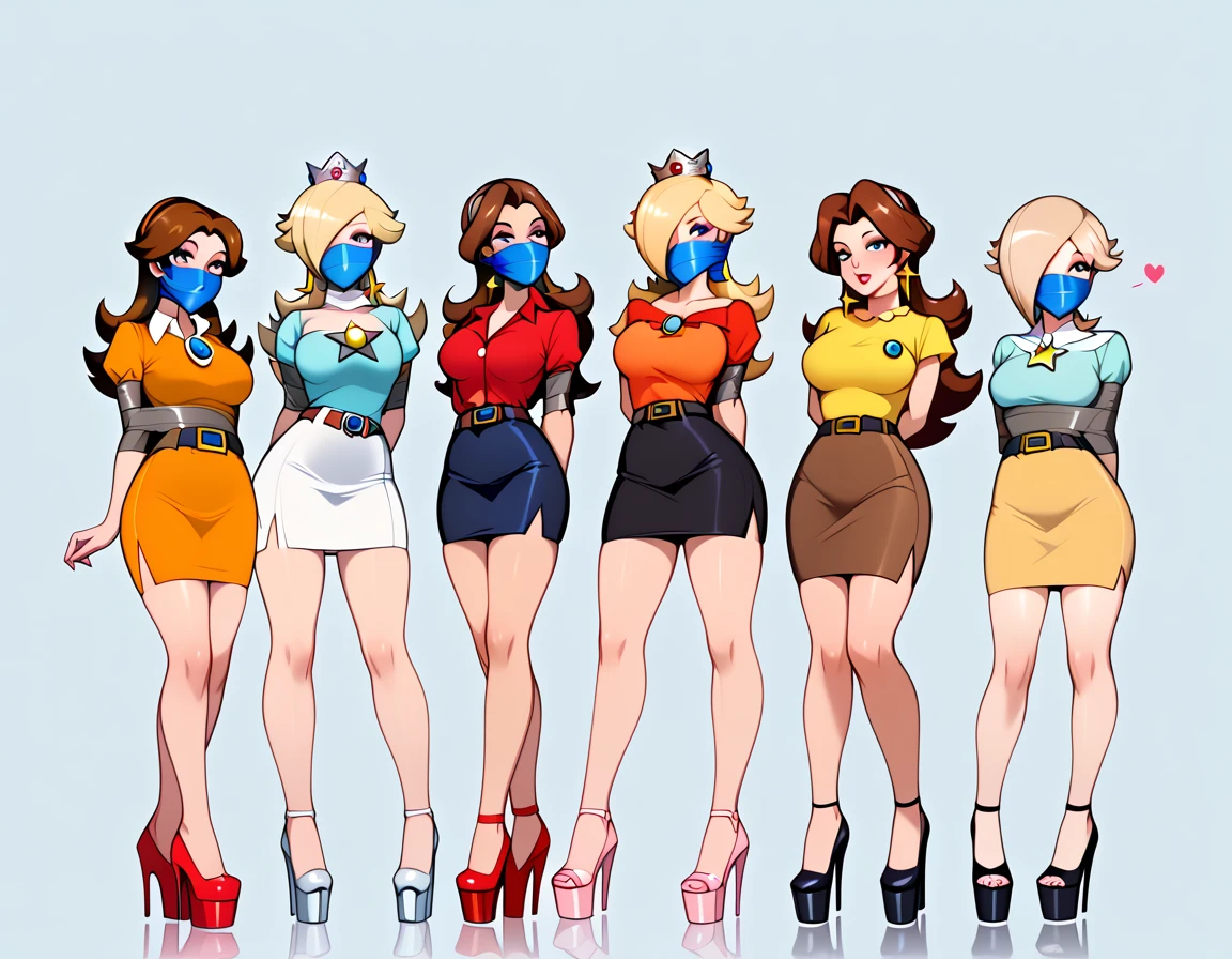 score_9, score_8_up, score_7_up, 4girls ( (Peach, from super mario lore, blonde , wearing tight pencil skirt, belt, tihgt pink blouse, platform heels:1.2), flirt, gaze, sexy look, half-closed eyes, head tilt, makeup, side view, (full bodies in view) expressiveh d4rk01l, perfect hands, perfect proportions, simple background. tape shibari, bound arms, arms behind back, legs apart, wrap tape gag, wrap over the nose gag, front view ) , ( (Daisy, from super mario lore, , wearing tight pencil skirt, brown hair, belt, tight orange blouse, platform heels:1.2), flirt, gaze, sexy look, half-closed eyes, head tilt, makeup, side view, (full bodies in view) expressiveh d4rk01l, perfect hands, perfect proportions, simple background. tape shibari, bound arms, arms behind back, legs apart, wrap tape gag, wrap over the nose gag, front view ) , ( Rosalina, from super mario lore, blonde , wearing tight pencil skirt, belt, tight blue blouse, platform heels:1.2), flirt, gaze, sexy look, half-closed eyes, head tilt, makeup, side view, (full bodies in view) expressiveh d4rk01l, perfect hands, perfect proportions, simple background. tape shibari, bound arms, arms behind back, legs apart, wrap tape gag, wrap over the nose gag, front view ) and ( (Pauline, from super mario lore, dark brown hair, wearing tight pencil skirt, belt, tight red blouse, platform heels:1.2), flirt, gaze, sexy look, half-closed eyes, head tilt, makeup, side view, (full bodies in view) expressiveh d4rk01l, perfect hands, perfect proportions, simple background. tape shibari, bound arms, arms behind back, legs apart, wrap tape gag, wrap over the nose gag, front view ) .