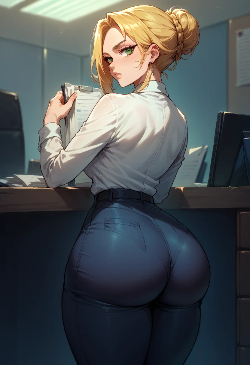 Bubble butt black office pants , whole body, legs showing, She has her blonde hair up, green eyes, golden hair,  she is wearing a tight office shirt and long office pants, , big thighs and butt
