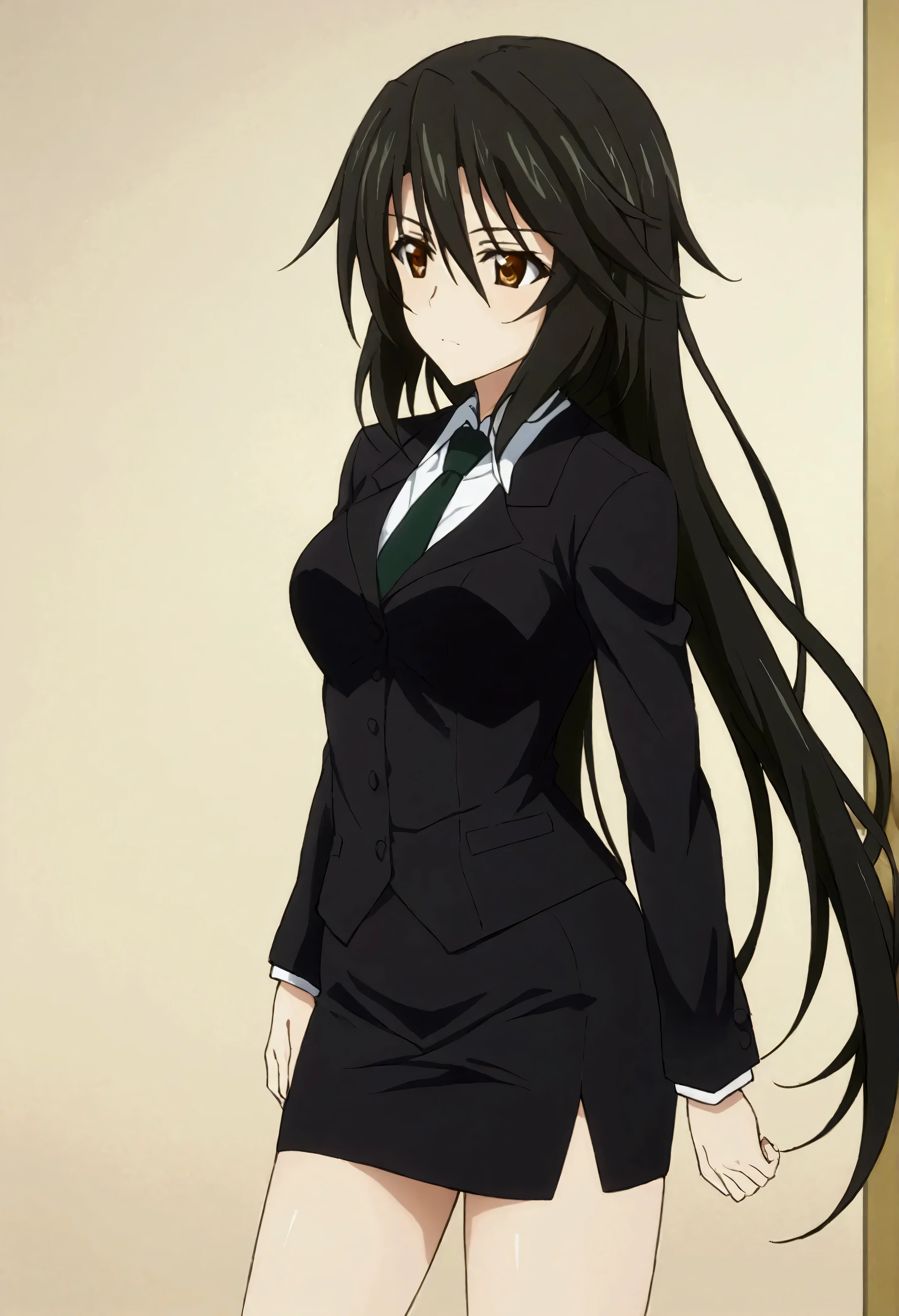 NSFW,masterpiece,Best Quality,High resolution,Very detailed,Chifuyu Orimaru\(Infinite Stratos\),Long Hair、bangs、Black Hair、Hair between the eyes、 Brown Eyes ,shirt、Long sleeve、jacket、白いshirt、tie、黒のjacket、formal、suit、黒のtie、 pencil skirt