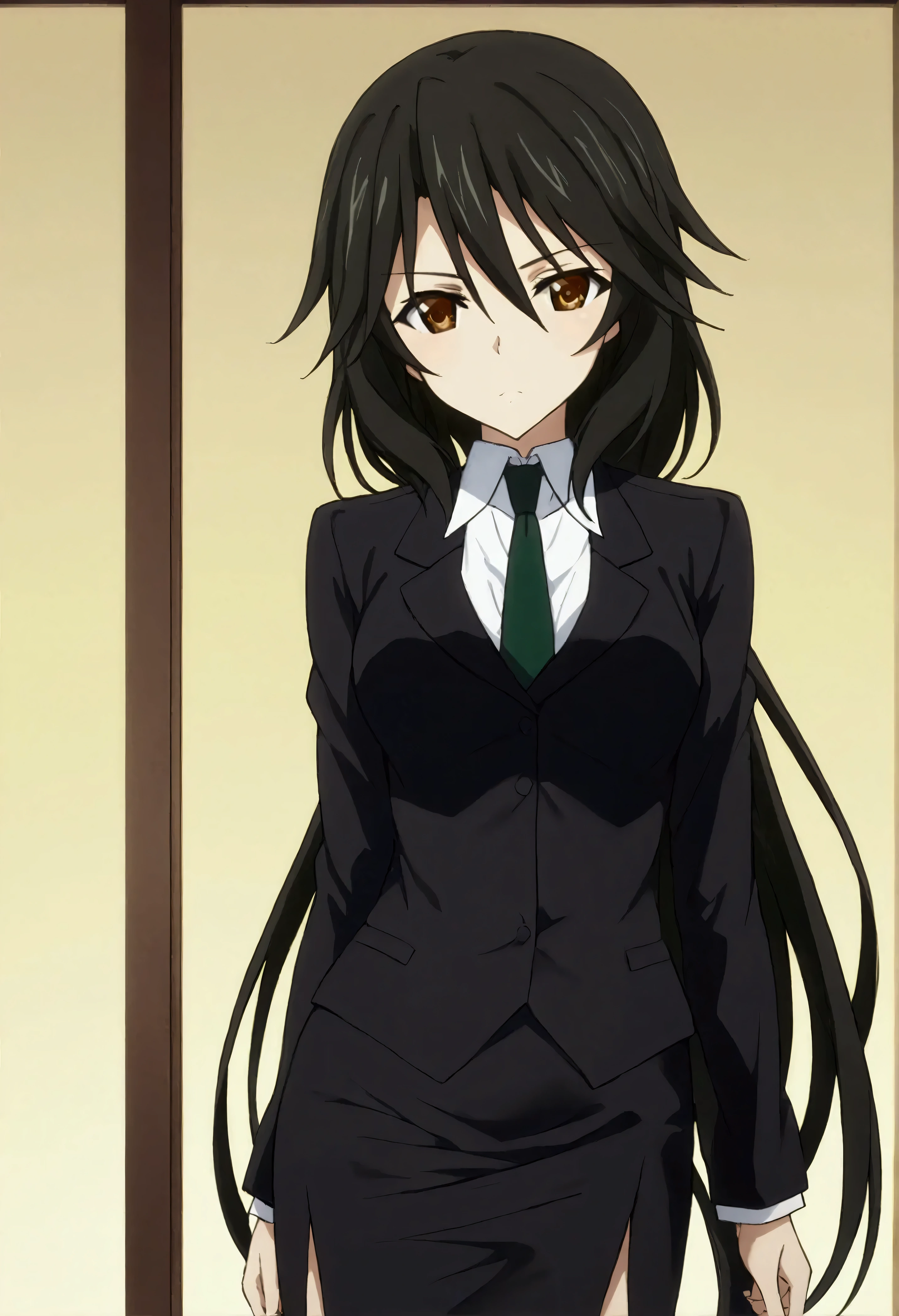 NSFW,masterpiece,Best Quality,High resolution,Very detailed,Chifuyu Orimaru\(Infinite Stratos\),Long Hair、bangs、Black Hair、Hair between the eyes、 Brown Eyes ,shirt、Long sleeve、jacket、白いshirt、tie、黒のjacket、formal、suit、黒のtie、 pencil skirt