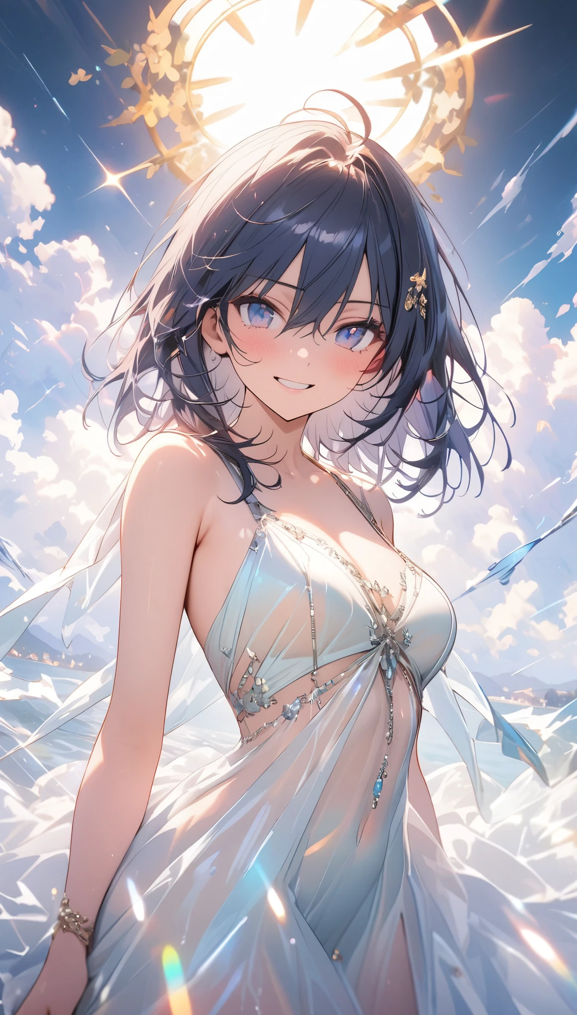 Young woman in see-through micro bikini with transparent skin、Standing in the center of the composition、It is an 8K ultra high definition illustration。
Her black hair is in a short bob、In the light of the morning sun、Glowing faintly。through soft skin tones,、It charmingly emphasizes her beautiful body lines。Shorts fluttering in the breeze、Emphasizes her legs。
The morning sun shines on the lakeside、The meadow is blue々And shine in the midst、She's bright、Gives the whole illustration a glamorous atmosphere。
Small waves stand on the shore of the lake、Her reflection there seems amazing.。Her smile and light pose are、Symbolizes the liveliness and energy of the morning.、Exhilarating for viewers.。
This illustration is、Depicts a see-through young woman, Transparent costume enjoying in the light of the morning sun.。Her bright smile and cheerful pose、It will bring you vitality and happiness too.。
Here you are、Surrounded by this refreshing morning view and her joy、Feel energized。Morning light and her charming figure、It fills your heart。