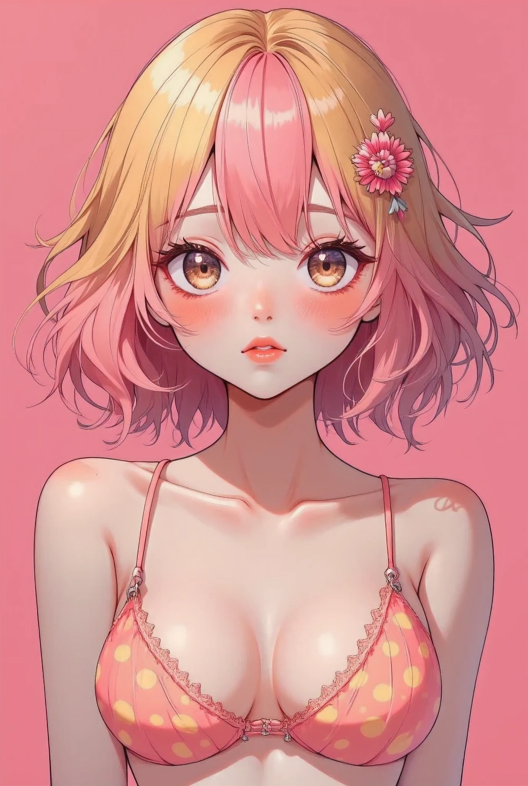 1 very young japanese girl, pink hair, blonde hair, freckled face, length hair, blushing, Shy, Red lips, pale face, close up shot, Sweet, femboy, ((tiny breasts)), ((best quality)), ((masterpiece)), (detailed), vintage, elegant, chic, sophisticated, big expressive eyes, ulzzang, high school girl、Slender、Slender body、asian high school girl, solid pink background, heavy blushing, submissive, sexy pose, cleavage, micro bikini, small breasts, slender legs, thigh highs, skinny
