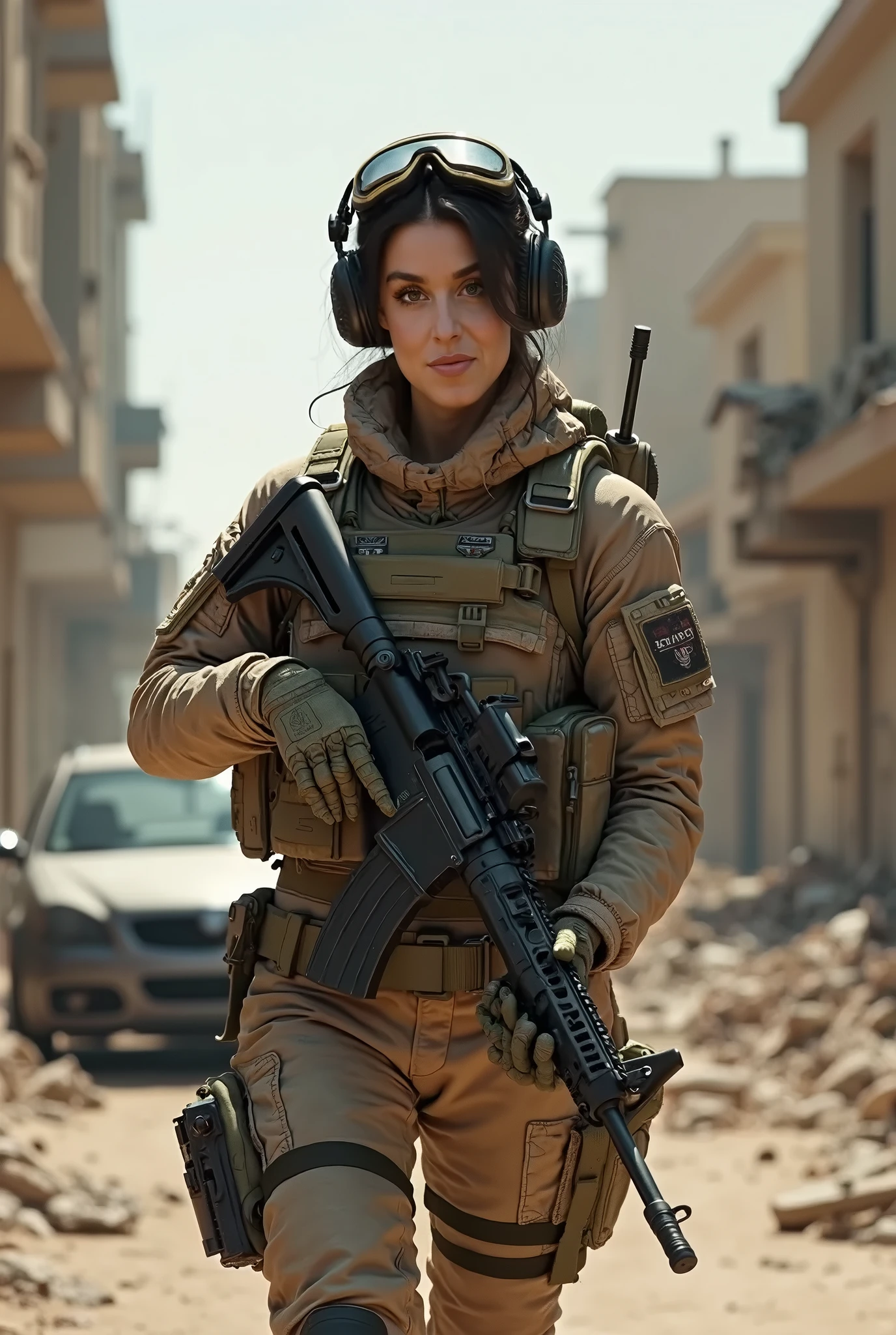 war photography, (cinematic lighting:1.1), hip level shot, dynamic angle, highest quality, photo of (sexy female USA army special forces taking cover), perfect face, [[dirty]], worried expression, (wearing ops-core FAST helmet, Cyre Precision AVS chest rig, HSGI SureGrip Battle belt, Cyre Precision MultiCam Combat uniform, Combat Goggles, battlepack, boots:1.2), BREAK athletic body, bullet holes in wall in background, (full body:0.9)