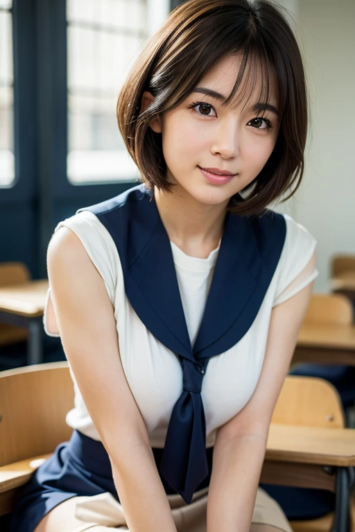 best quality, Face focus, soft light, ultra high resolution, (lifelike:1.4), original photo, 1 japanese girl, alone, Lovely, (shy smile:0.5), (brown eyes, There is light in the eyes), Detailed beautiful face, (small breasts),(High-resolution detail of human skin texture), (bob short hair), rest, in the classroom,navy uniform, Vest, skirt