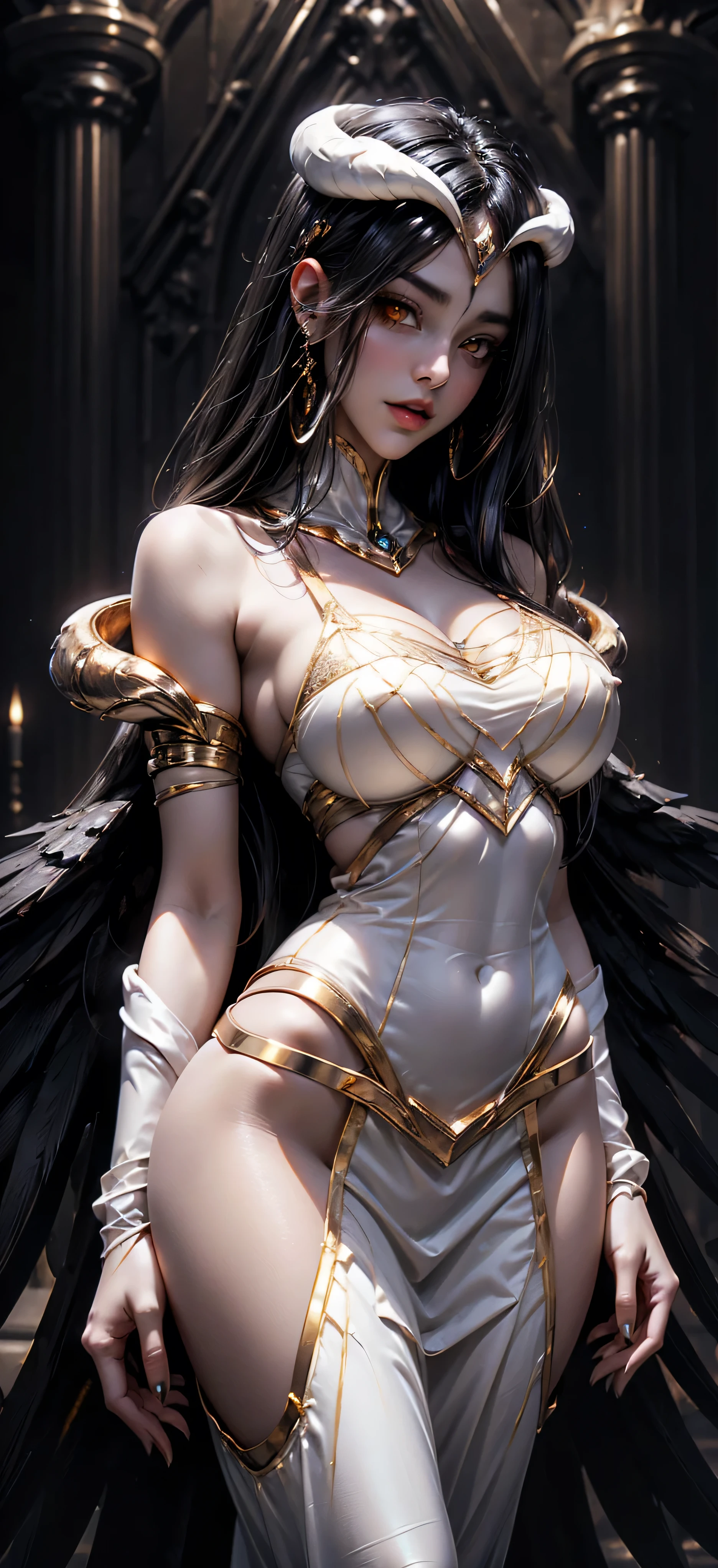 A (super realistic) beautiful sexy woman(albedo _overlord) with (orange eyes with perfect detailing) and white attire(detailed) with gold jewellery on perfect big breast, beautiful breast, black long beautiful hair, hyper detailed black  wings , (full body)(wallpaper  pose)(standing in middle)(every thing with best detailing)