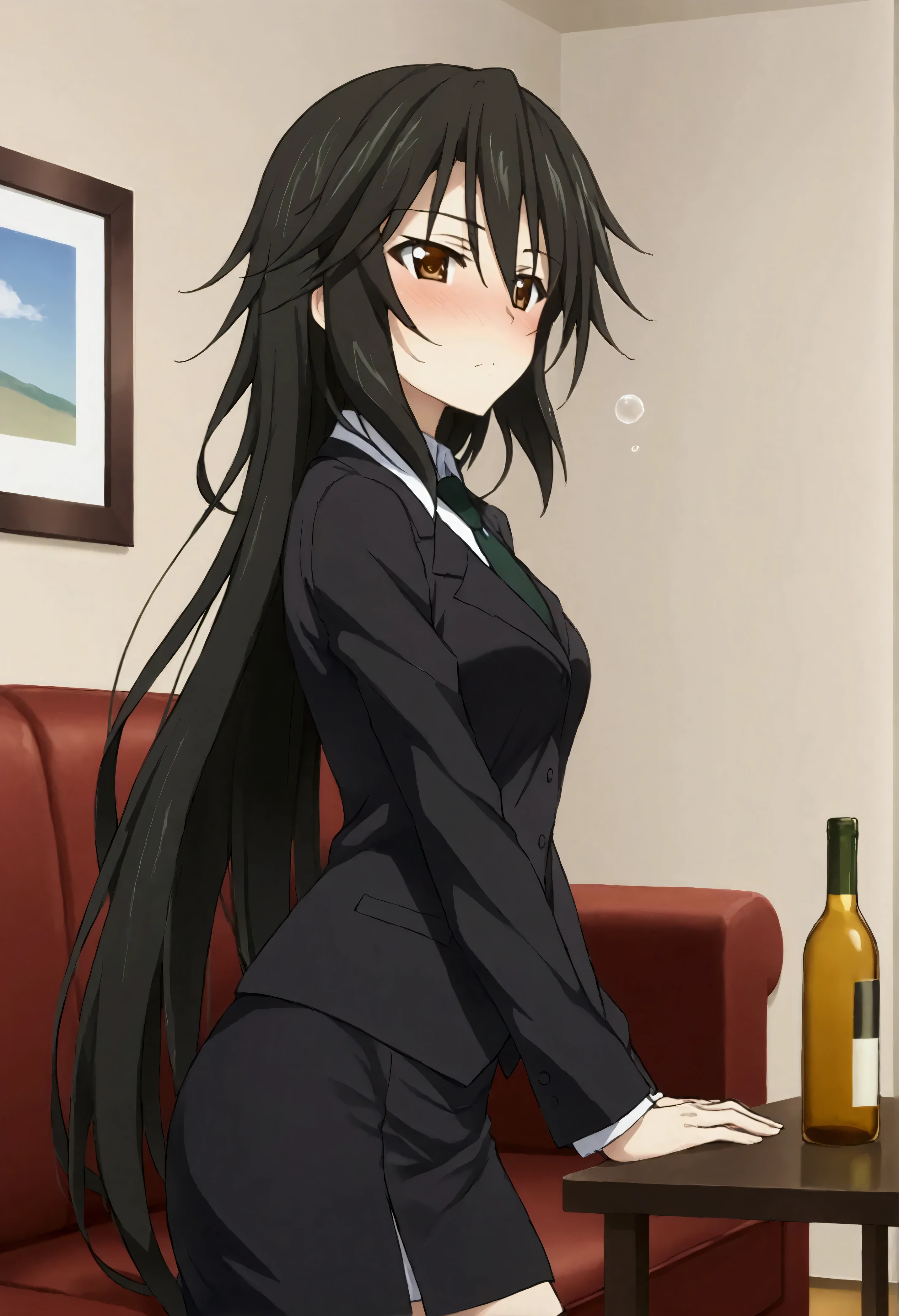 NSFW,masterpiece,Best Quality,High resolution,Very detailed,Chifuyu Orimaru\(Infinite Stratos\),Long Hair、bangs、Black Hair、Hair between the eyes、 Brown Eyes ,shirt、Long sleeve、jacket、白いshirt、tie、黒のjacket、formal、suit、黒のtie、 pencil skirt,Western-style room,Sofa,Low table,Alcohol,Drunk,blush