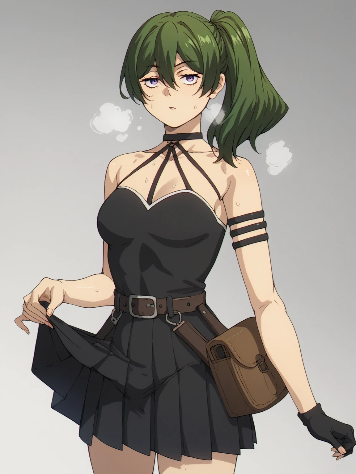 score 9, score 8 up, score 7 up, rating questionable,
simple background,(anatomically correct),
solo,1girl,
ubel,1girl,green hair, bangs,hair between eyes,side ponytail, purple eyes,
black choker, collarbone, sleeveless, black dress,sleeveless dress, halterneck,pleated skirt, black gloves,belt,black footwear,
breasts, perky breasts,covered nipples, shiny skin,
looking at viewer,front view,cowboy shot,standing,contrapposto,
sweat all over,steaming body,(skirt lift),black panties