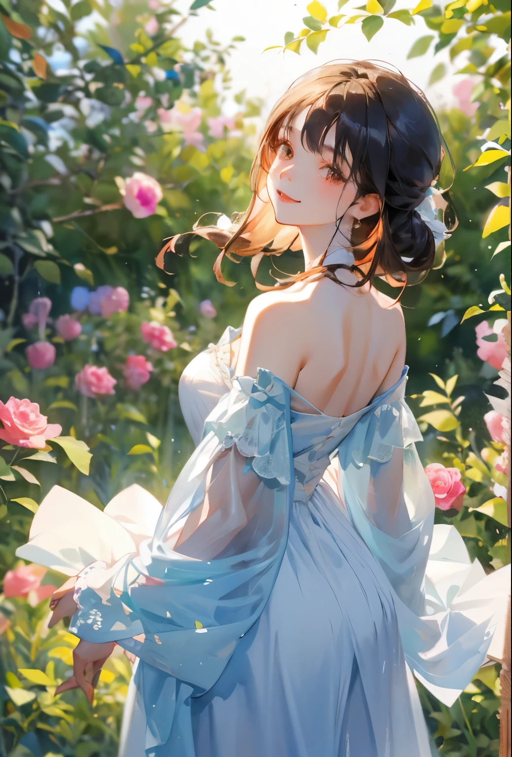 8K, masterpiece , top-quality , From below , Cowboy Shot , Dynamic Pose , Floral , (watercolor sketch ), A charming girl with medium-length, silky hair, standing on a rose-lined path , looking back at the viewer with a serene and thoughtful gaze, white off shoulder dress , Soft light filters through , dreamy manner , in autumn , Happy smiling face , watercolor paiting \( Medium \),