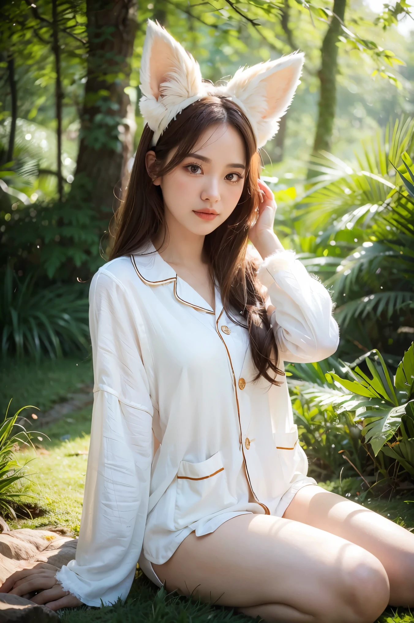 A professional high-quality photo, in 4K resolution, captures in realistic detail a charming girl in a fluffy white pajama with ears and foxtail. She is sitting in the middle of an enchanted forest, where every element is portrayed to perfection. The textures of the pajamas, ears and tail are sharp and palpable. Sunlight falls on the leaves and gently illuminates the girl's face, highlighting each delicate and charming expression  