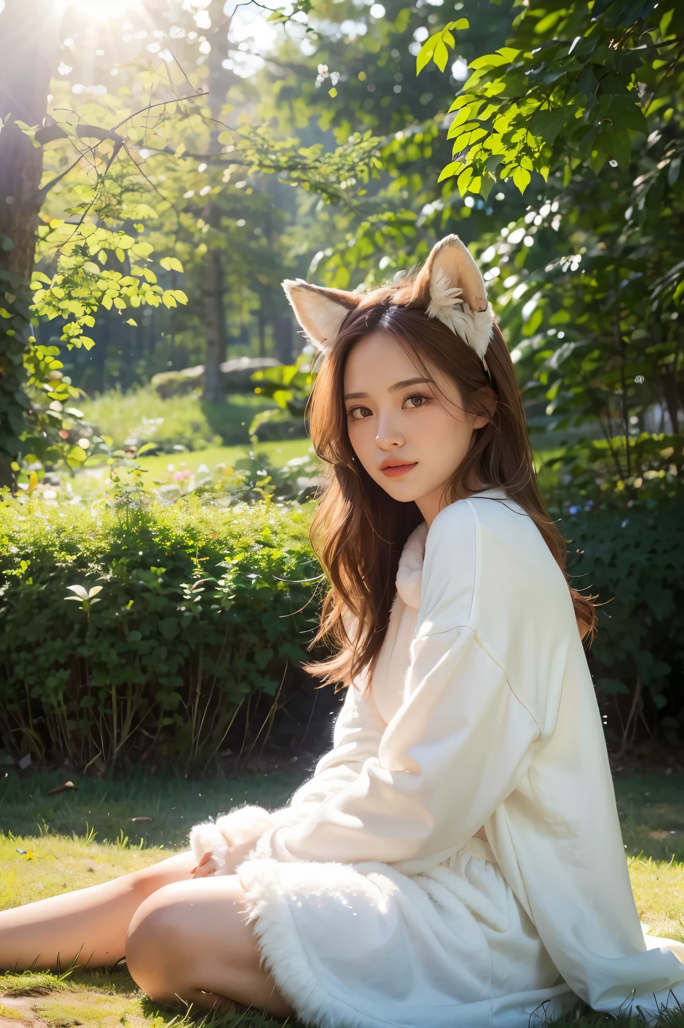 A professional high-quality photo, in 4K resolution, captures in realistic detail a charming girl in a fluffy white pajama with ears and foxtail. She is sitting in the middle of an enchanted forest, where every element is portrayed to perfection. The textures of the pajamas, ears and tail are sharp and palpable. Sunlight falls on the leaves and gently illuminates the girl's face, highlighting each delicate and charming expression  