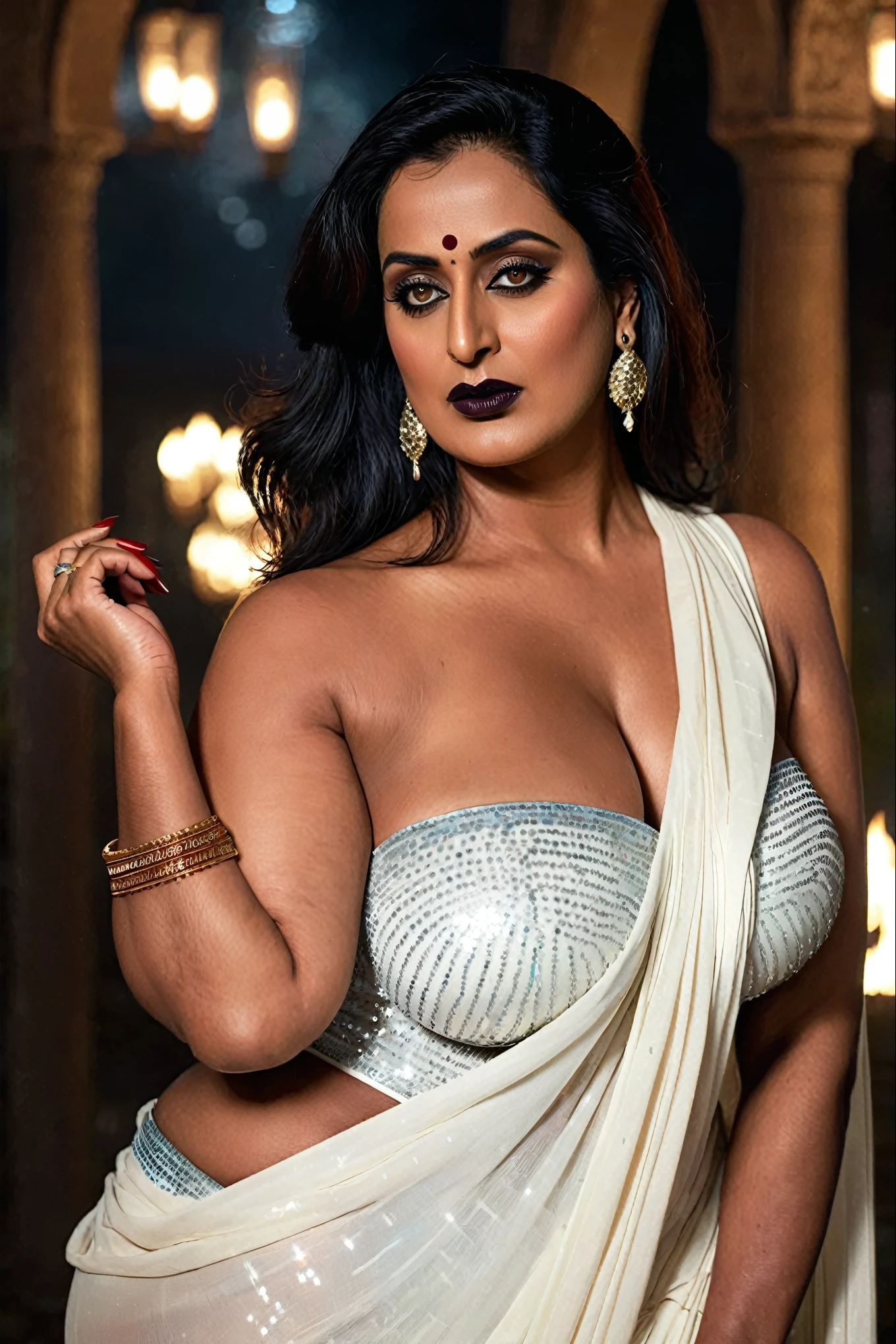 Looks like Mahie Gill, full body Closeup shot, Big chubby aunty, milf, demoness mommy, mother of demons, heavy figure Indian aunty, huge figure, huge massive breast, cougar lady witch, horny Gothic milf,  70 years old gorgeous mature lady, pervert demoness, demoness of lust, curvy, black lips, horny face, extremely gorgeous, thick figure, heavy physique, voluptuous, curvy, sexy figure, Fashionable portrait of androgynous alien looking witch, glowing eyes, futuristic design, minimal details, givenchy, photoreal, 200mm, hd, f/ 2.0, highly detailed, surreal, sexy beautiful evil woman, sexy bold sequin Saree with strapless Bra, chudail, Pishachini, horror genre, blood-thirsty enchantress, powerful female spirit, eerie, drop dead, in the style of red and blue, (intricate details, hyperdetailed:1.15) (skin texture:1.2), dark Moody tone, cinematic lighting, haunted place in background, 