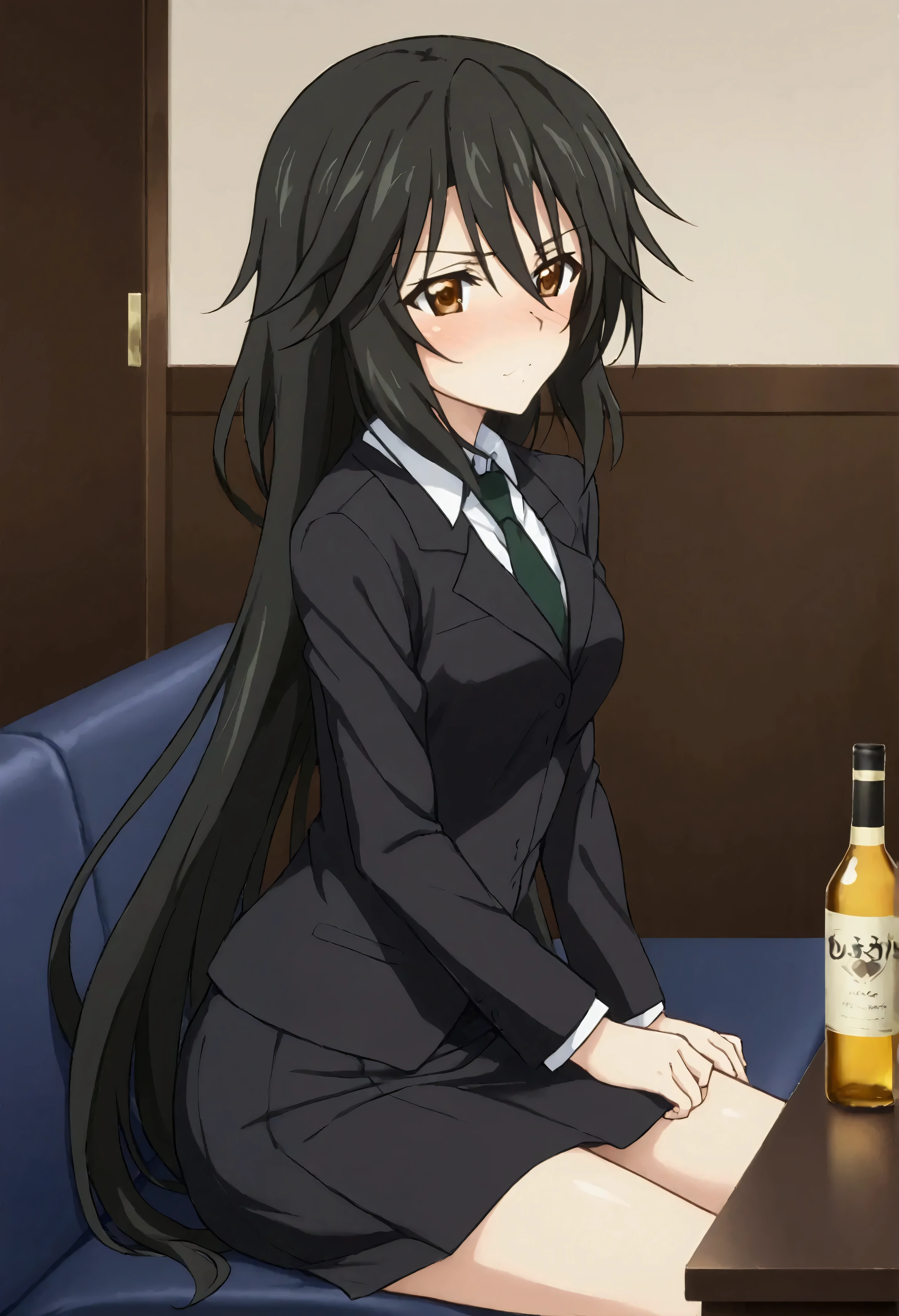 NSFW,masterpiece,Best Quality,High resolution,Very detailed,Chifuyu Orimaru\(Infinite Stratos\),Long Hair、bangs、Black Hair、Hair between the eyes、 Brown Eyes ,shirt、Long sleeve、jacket、白いshirt、tie、黒のjacket、formal、suit、黒のtie、 pencil skirt,Western-style room,Sofa,Low table,Alcohol,Drunk,blush,Frowning