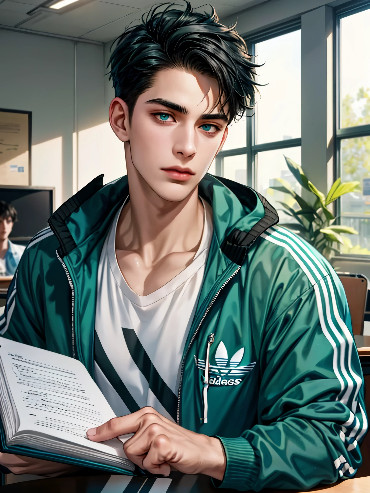 a handsome young man, black hair, I want to, short hair, blue eyes, ombros largos, masterpiece, Absurd, beautiful and detailed face,  with dark green Adidas jacket , Sunny day atmosphere , in a classroom, looking at the table,   notebook with a bored expression