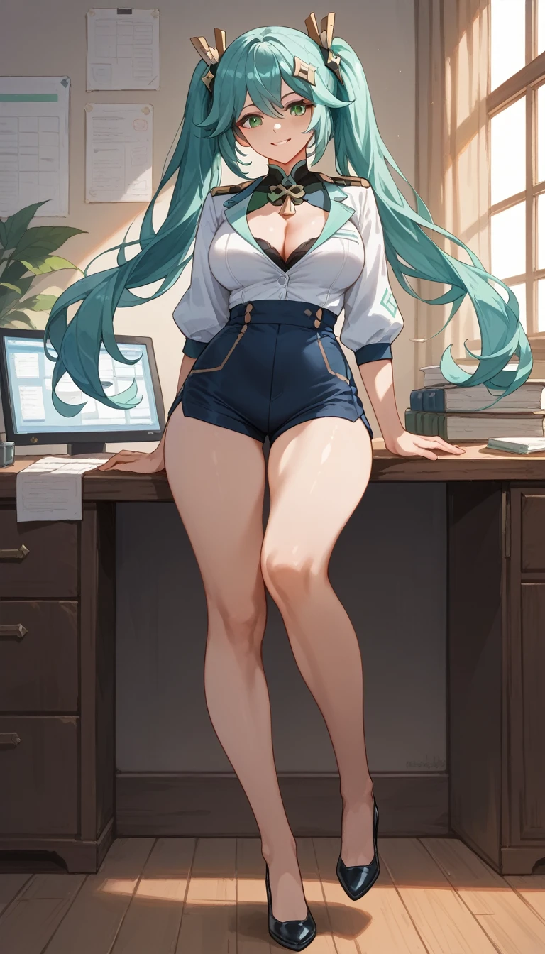 ultra-detailed, 1girl, Faruzan, Farzan, genshin impact, ((masterpiece)), (best quality), (highres), green eyes, 16K, straight bangs, aqua hair, twin tails, hair between the eyes, hair accessories, long hair, wearing military uniform, bootyshorts, high heels, busty body, large breasts and a beautiful ass, showcasing cleavage, legs, hips, looking at viewer, smiling, detailed face, detailed hair, detailed full body, office background