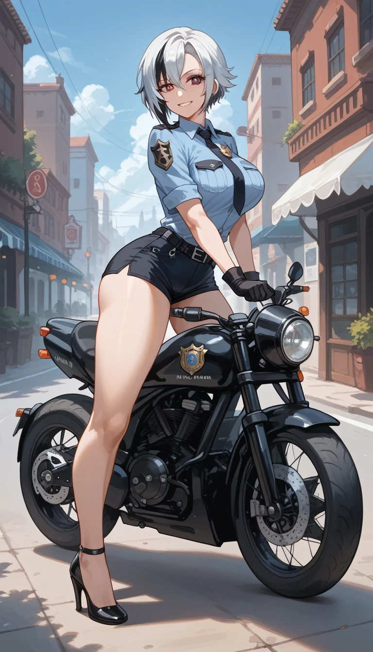 ultra-detailed, 1girl, arlecchino_\(genshin_impact\), ((masterpiece)), (best quality), (highres), 16K, perfect face, sidelocks, x-shaped_pupils, white hair, black hair, bangs, police uniform, bootyshorts, high heels, busty body, large breasts and a beautiful ass, showcasing cleavage, legs, hips, looking at viewer, smile, detailed full body, motorcycle background