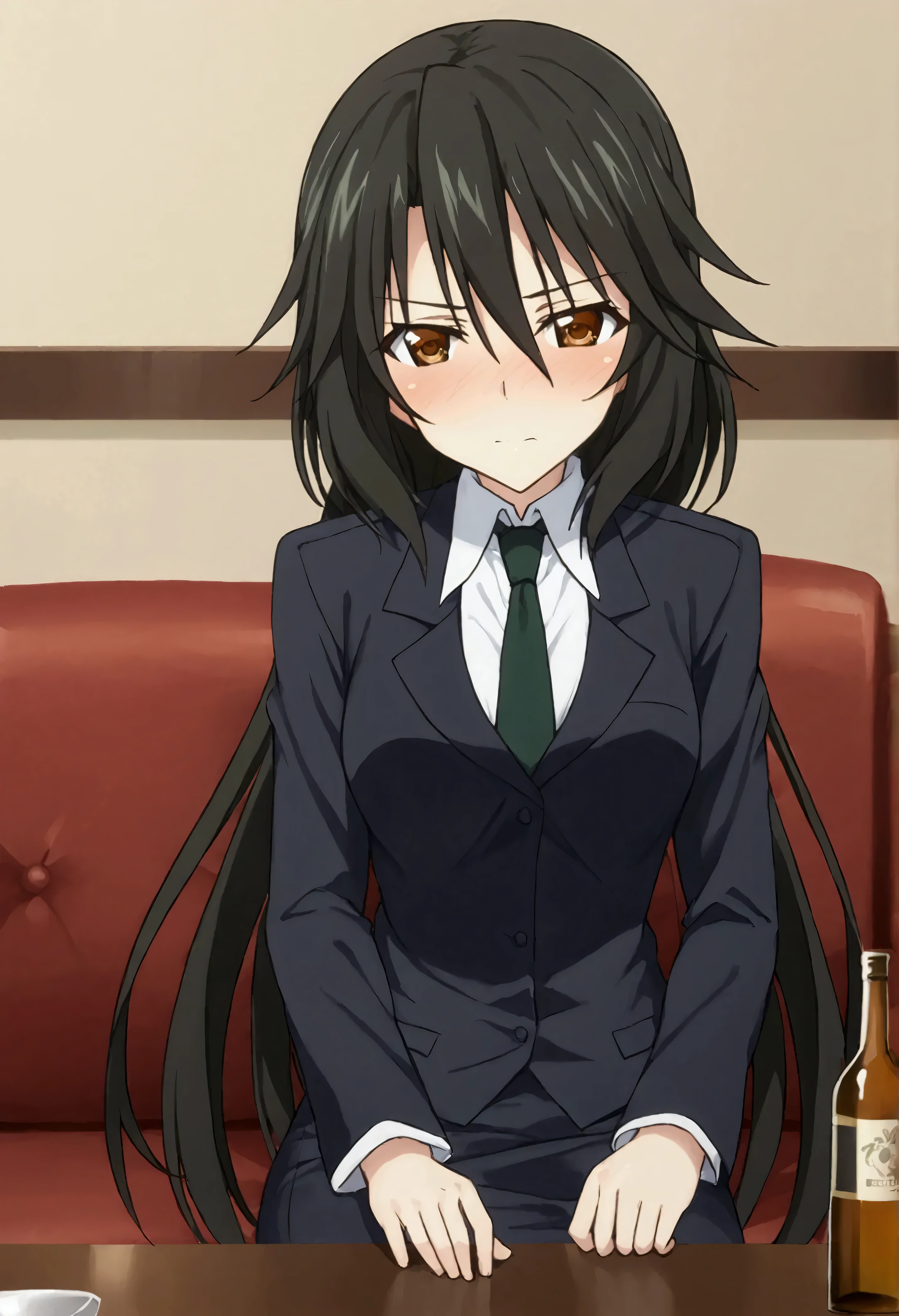 NSFW,masterpiece,Best Quality,High resolution,Very detailed,Chifuyu Orimaru\(Infinite Stratos\),Long Hair、bangs、Black Hair、Hair between the eyes、 Brown Eyes ,shirt、Long sleeve、jacket、白いshirt、tie、黒のjacket、suit、黒のtie、 pencil skirt,Western-style room,Sofa,Low table,Alcohol,glass,Drunk,blush,Frowning