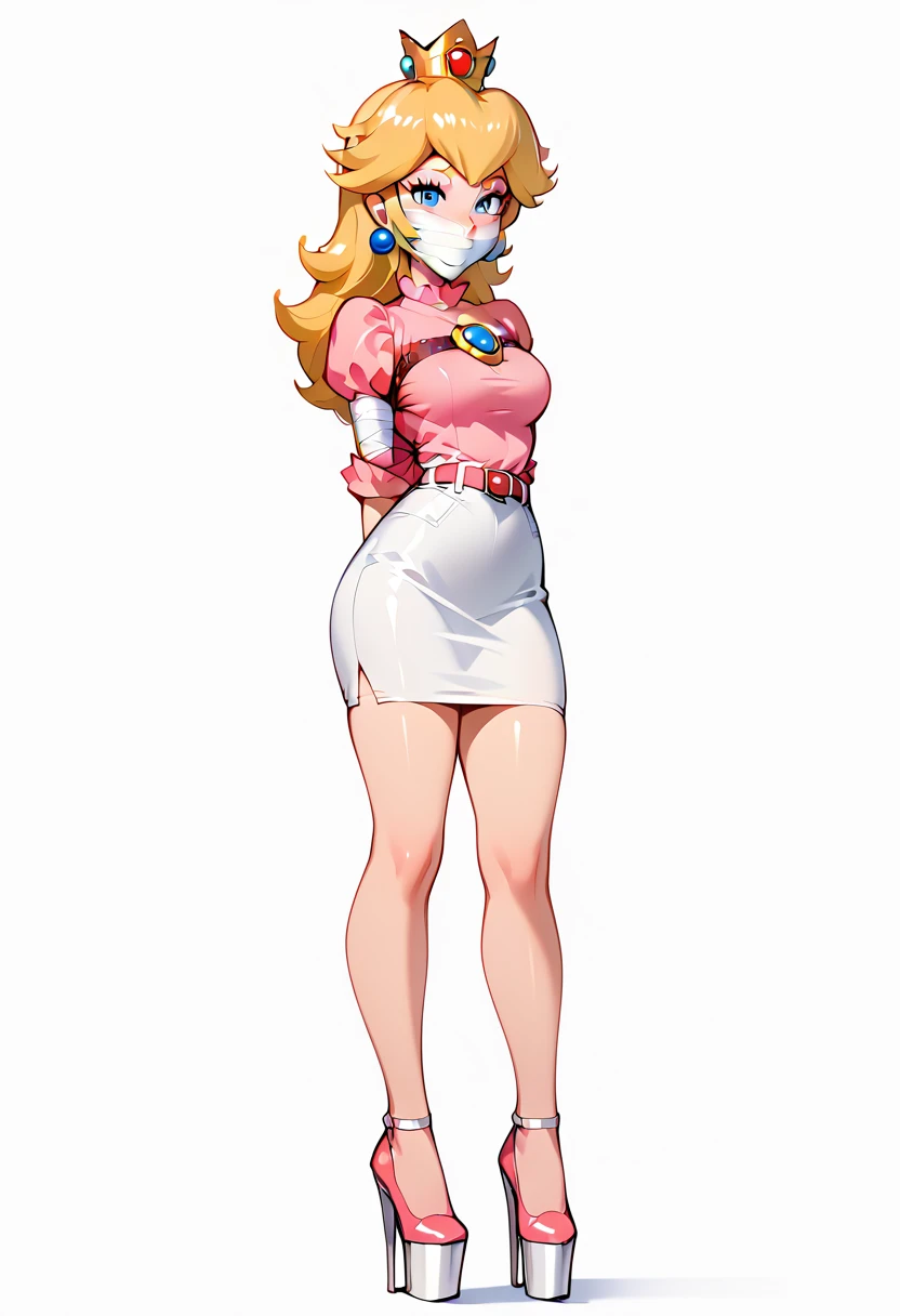 score_9, score_8_up, score_7_up, 1girl (Peach from super mario lore, , wearing tight pencil skirt, belt, tight blouse, platform heels:1.2), flirt, gaze, sexy look, half-closed eyes, head tilt, makeup, front,view, (full bodies in view) expressiveh d4rk01l, perfect hands, perfect proportions, simple background.  shibari, bound arms, arms behind back, legs apart, wrap tape gag.