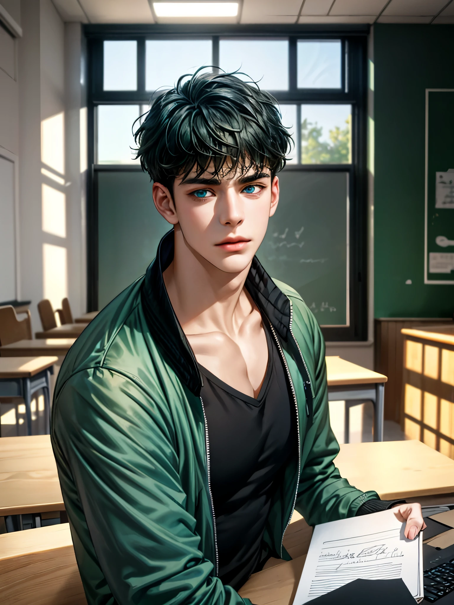 a handsome young man, black hair, I want to, short hair, blue eyes, ombros largos, masterpiece, Absurd, beautiful and detailed face, with dark green Adidas jacket , Sunny day atmosphere , in a classroom, looking at the table, notebook with a bored expression