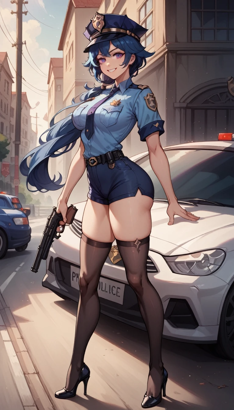 ultra-detailed, 1girl, solo, clorinde \(genshin impact\), ((masterpiece)), (best quality), (highres), 16K, purple eyes, low ponytail, blue hair, long hair, wearing hat, police uniform, black thighhighs, bootyshorts, high heels, busty body, large breasts and a beautiful ass, showcasing cleavage, legs, hips, looking at viewer, smile, gun, holding gun, detailed face, detailed hair, detailed full body, police car background